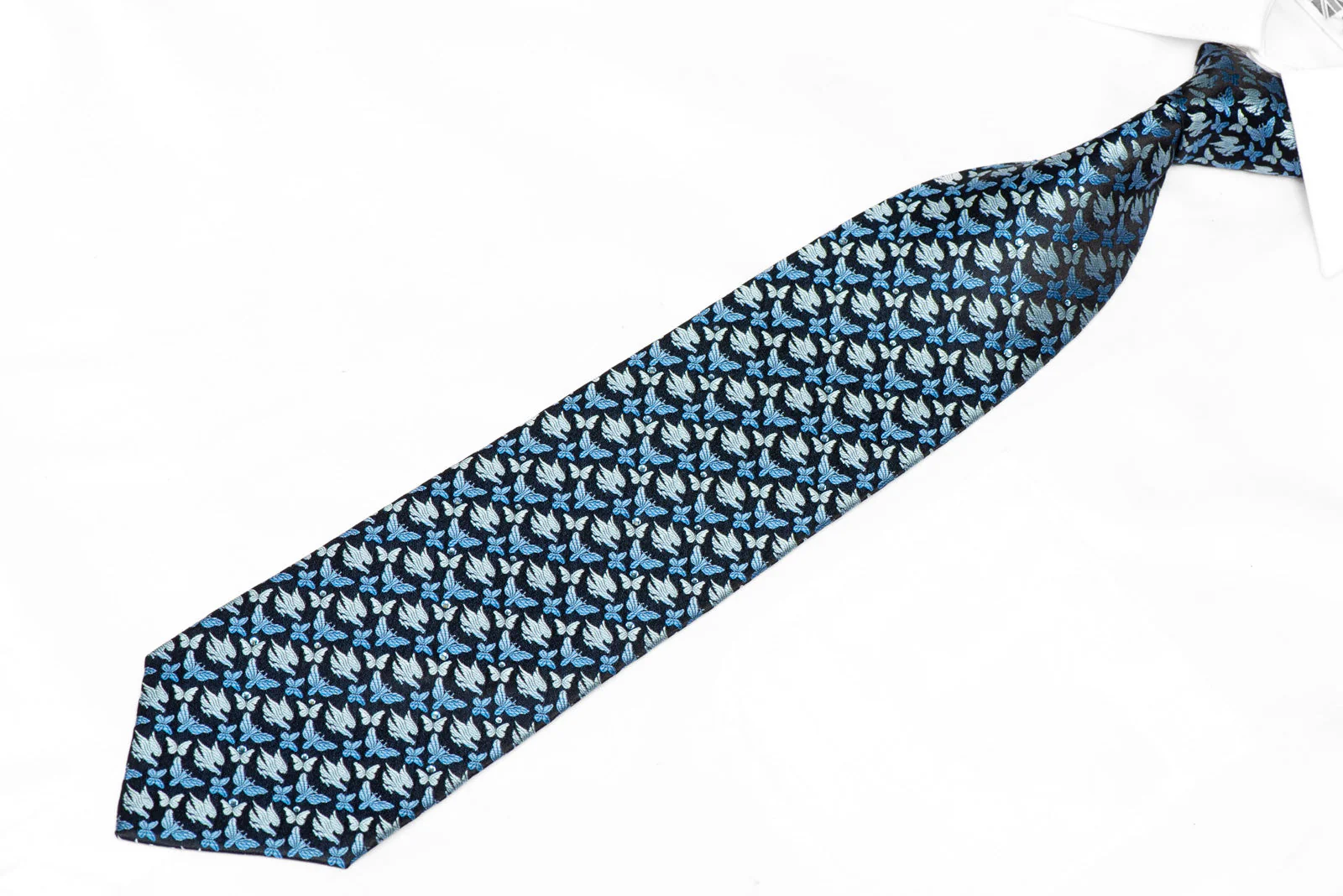 Butterflies On Navy Rhinestone Silk Necktie - Image 2