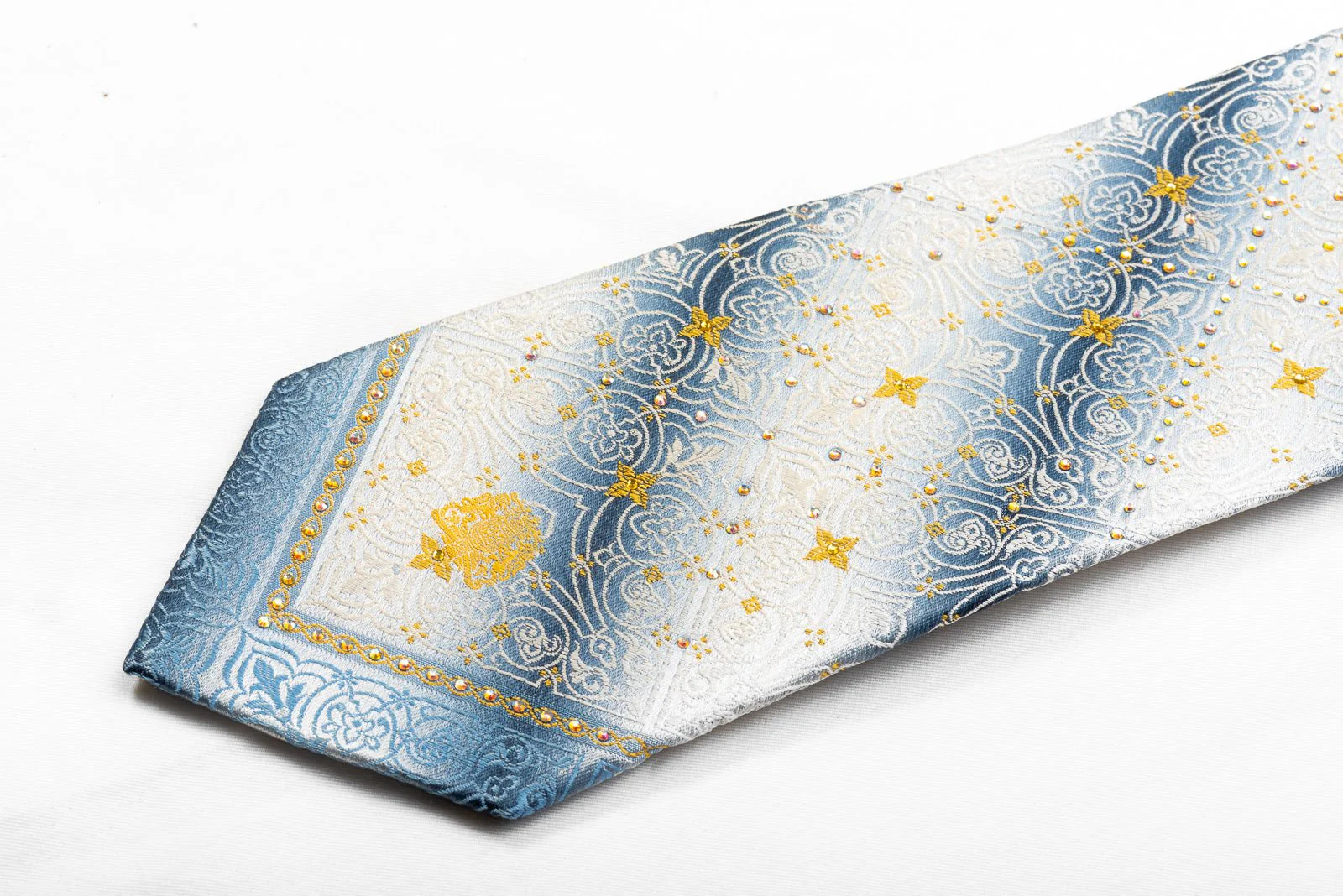 Cartouche On Silver Men's Crystal Rhinestone Silk Necktie With Gold Sparkles - Image 3