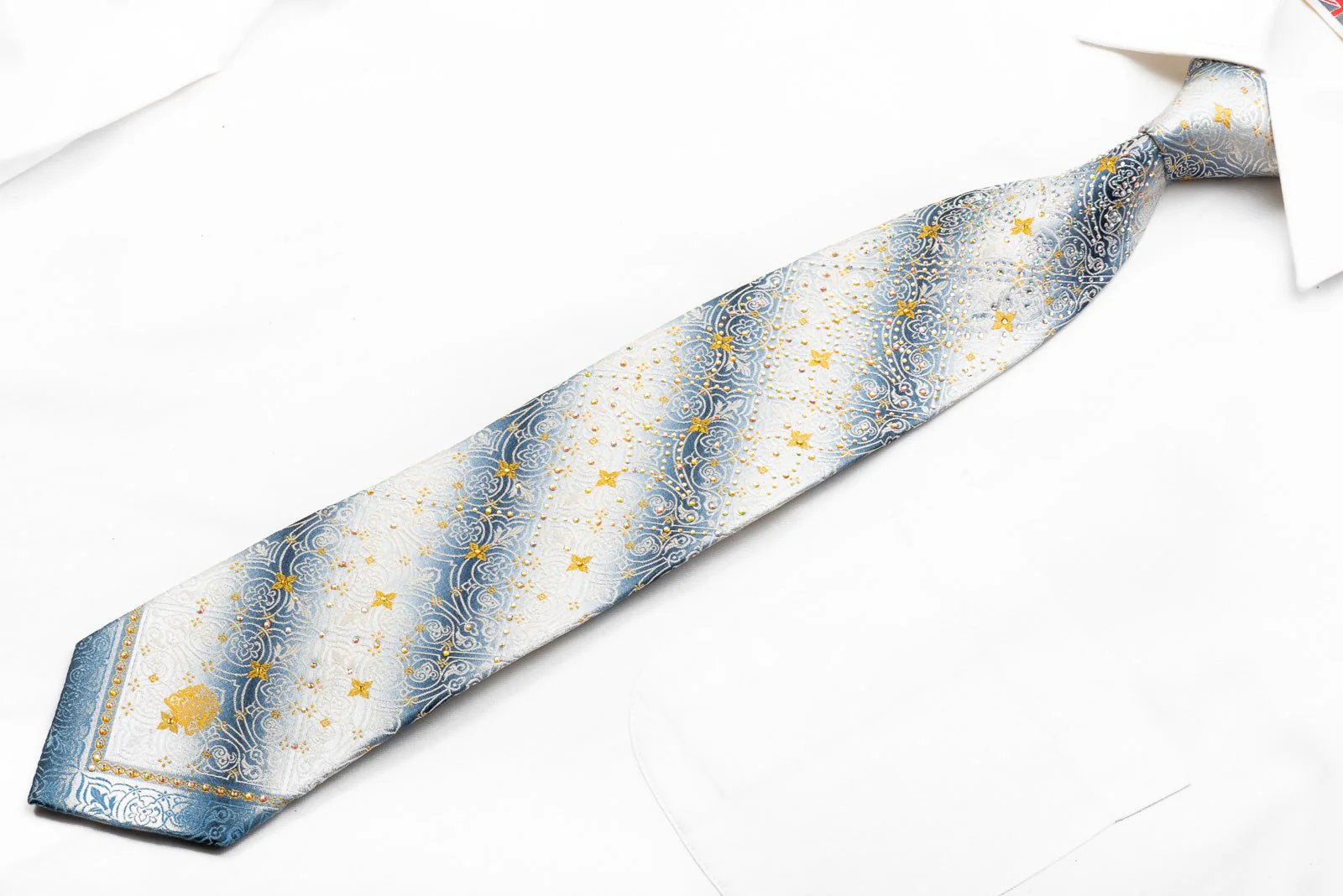 Cartouche On Silver Men's Crystal Rhinestone Silk Necktie With Gold Sparkles - Image 4