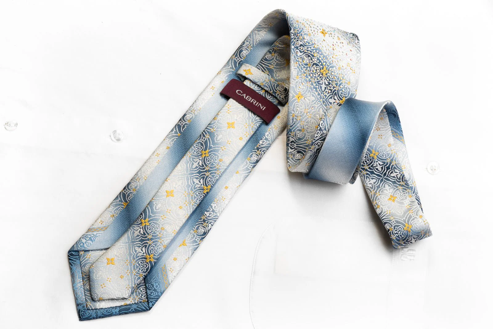 Cartouche On Silver Men's Crystal Rhinestone Silk Necktie With Gold Sparkles - Image 5