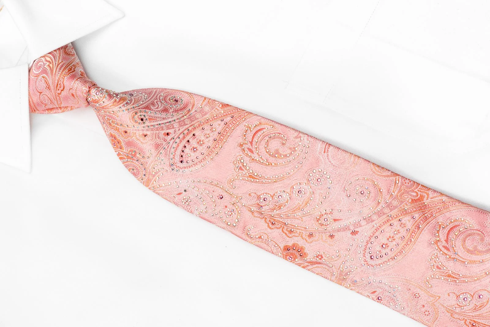 Cabrini Men's Crystal Silk Tie Paisley On Pink Sparkling With Rhinestones - Image 3