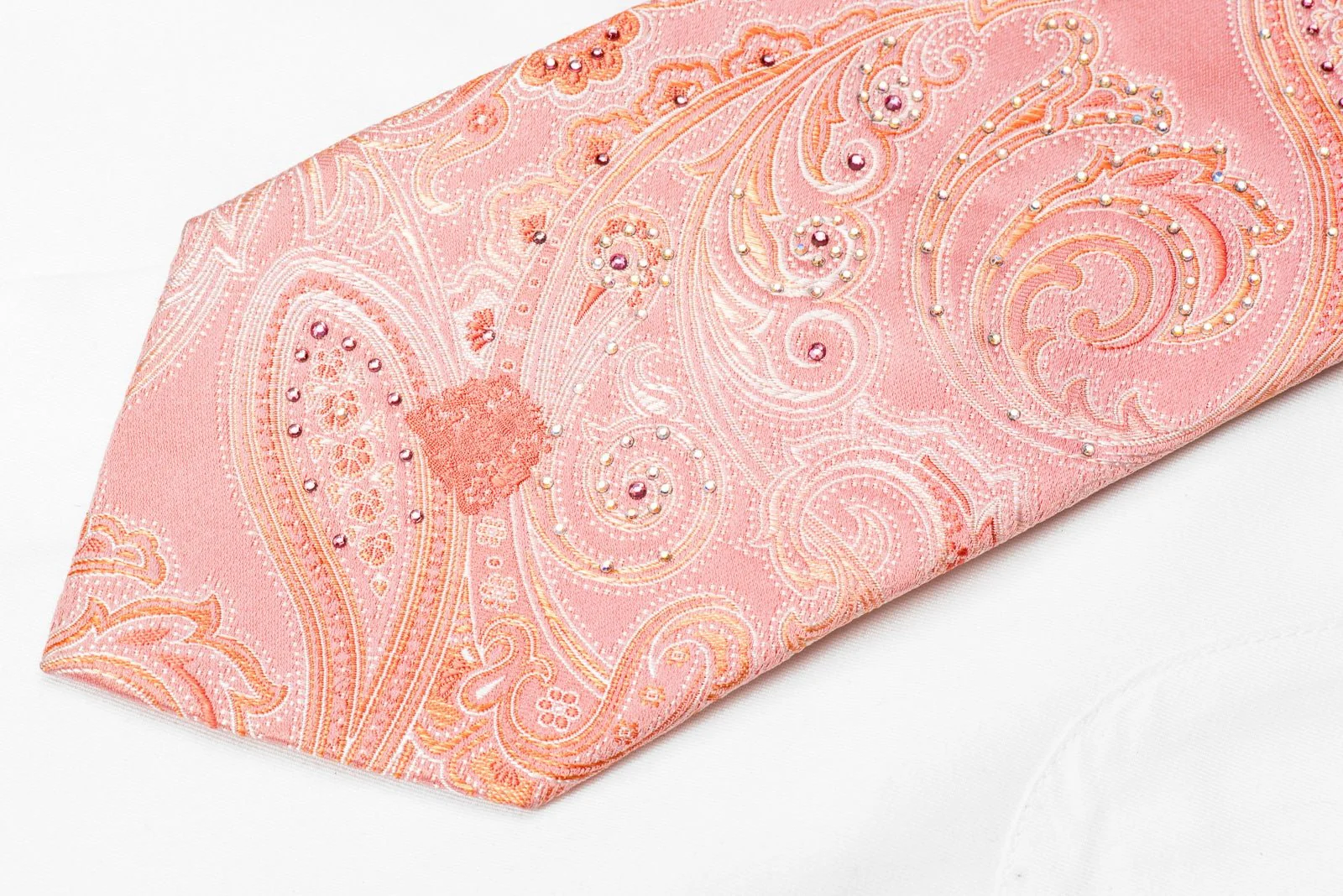 Cabrini Men's Crystal Silk Tie Paisley On Pink Sparkling With Rhinestones - Image 4