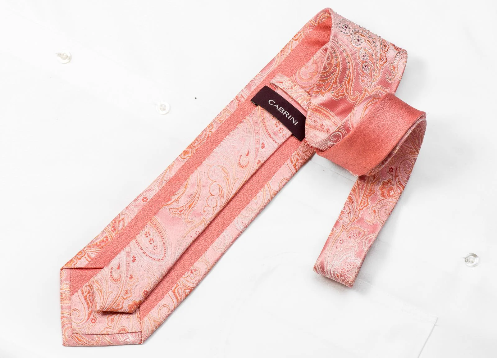 Cabrini Men's Crystal Silk Tie Paisley On Pink Sparkling With Rhinestones - Image 5