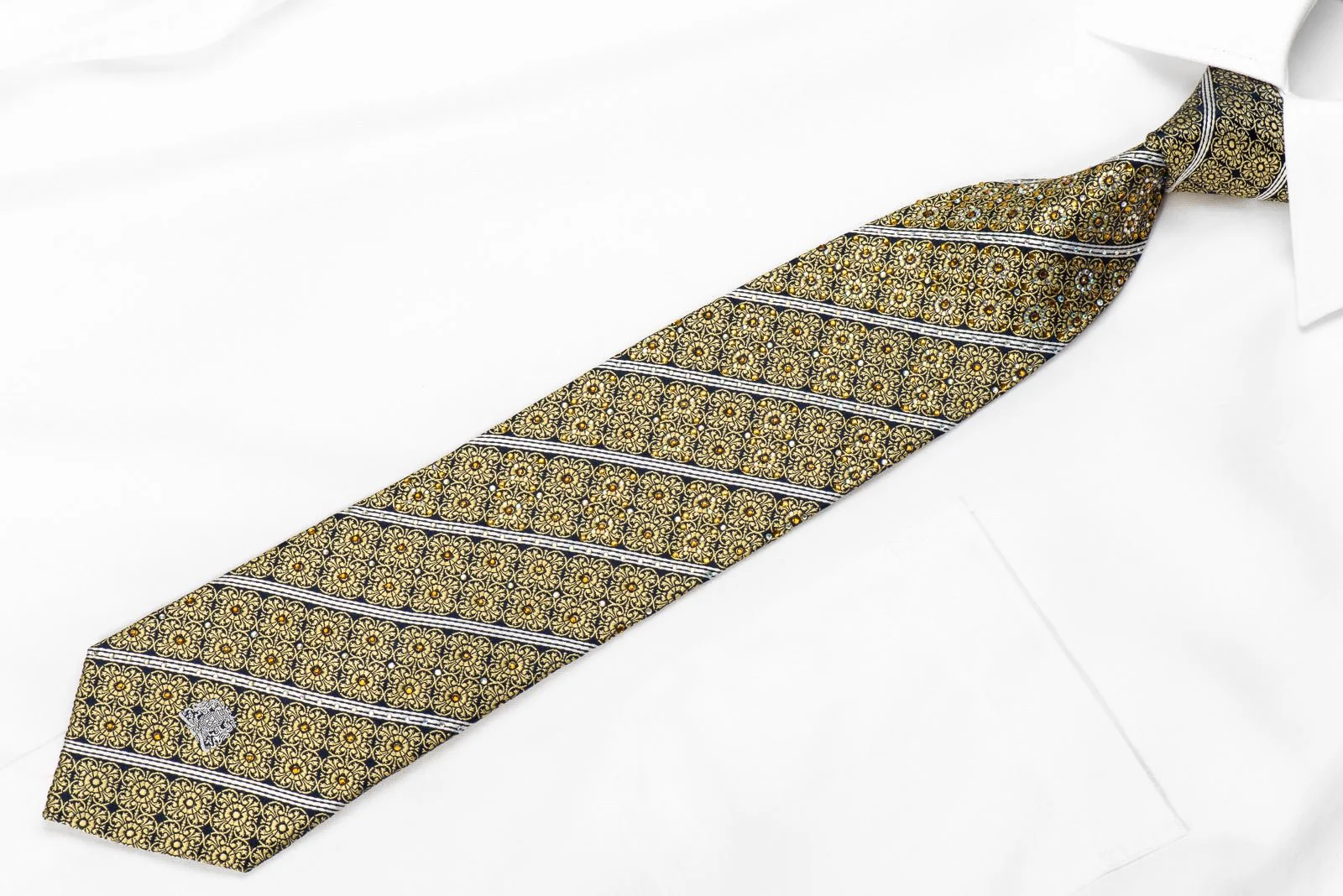Cabrini Men's Crystal Tie Gold Cartouche Silver Striped On Navy With Gold Sparkles - Image 3