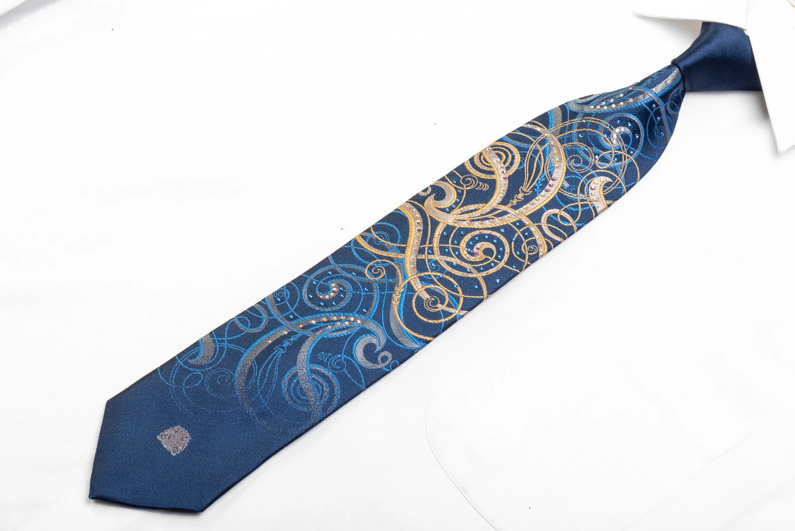 Cabrini Men's Rhinestone Necktie Gold Blue Scrolls On Navy With Gold Sparkles - Image 3