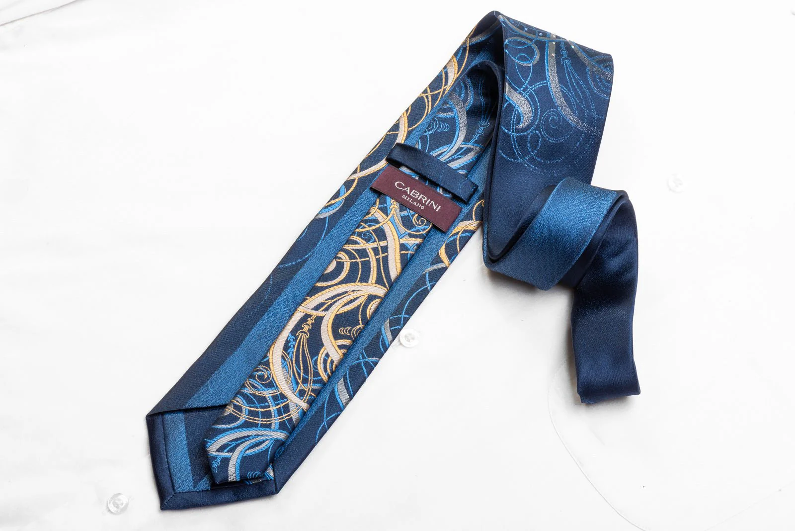 Cabrini Men's Rhinestone Necktie Gold Blue Scrolls On Navy With Gold Sparkles - Image 4