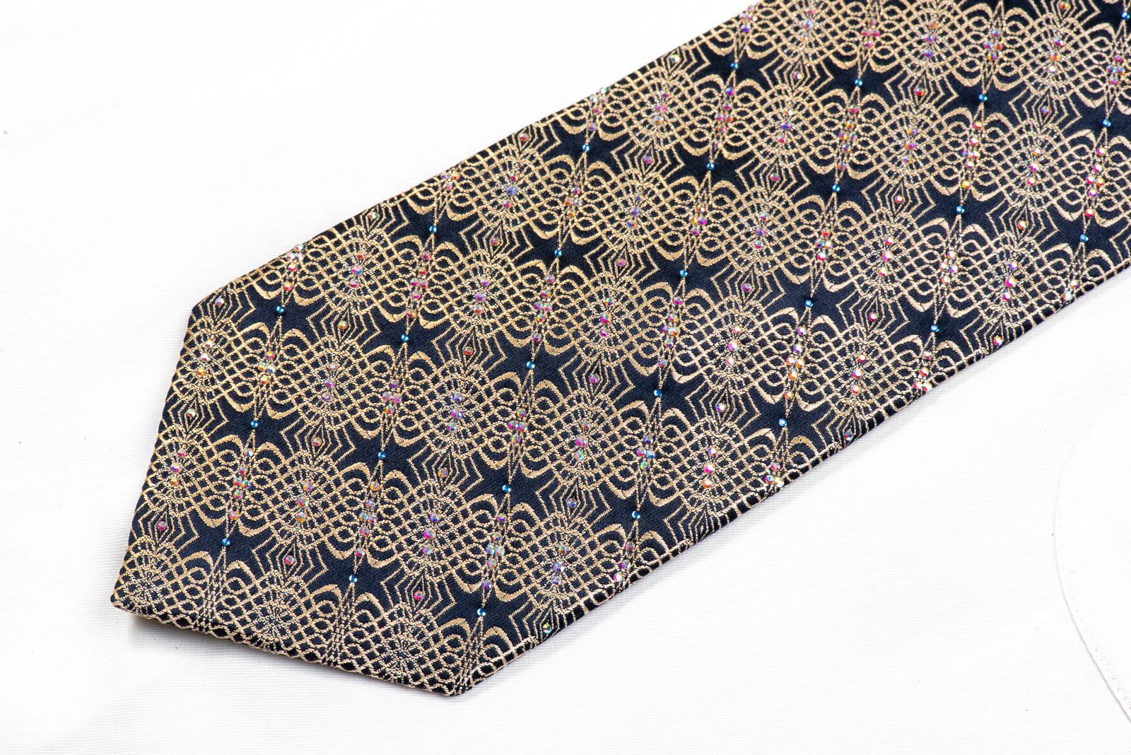Gold Geometric Waves On Navy Men's Rhinestone Silk Necktie With Sparkles - Image 3