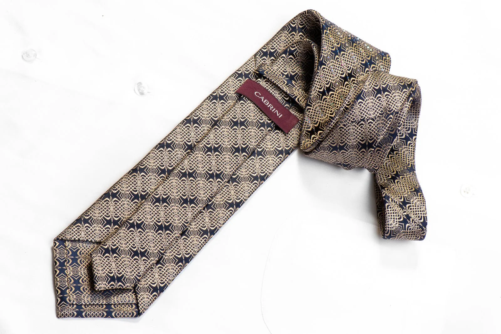 Gold Geometric Waves On Navy Men's Rhinestone Silk Necktie With Sparkles - Image 5