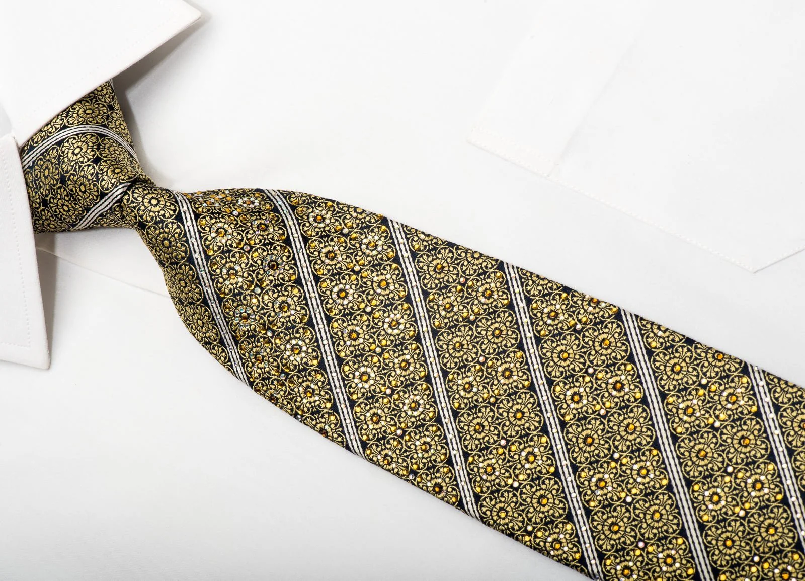 Cabrini Men's Silk Necktie Golden Floral & Striped On Navy Sparkling With Rhinestones - Image 3