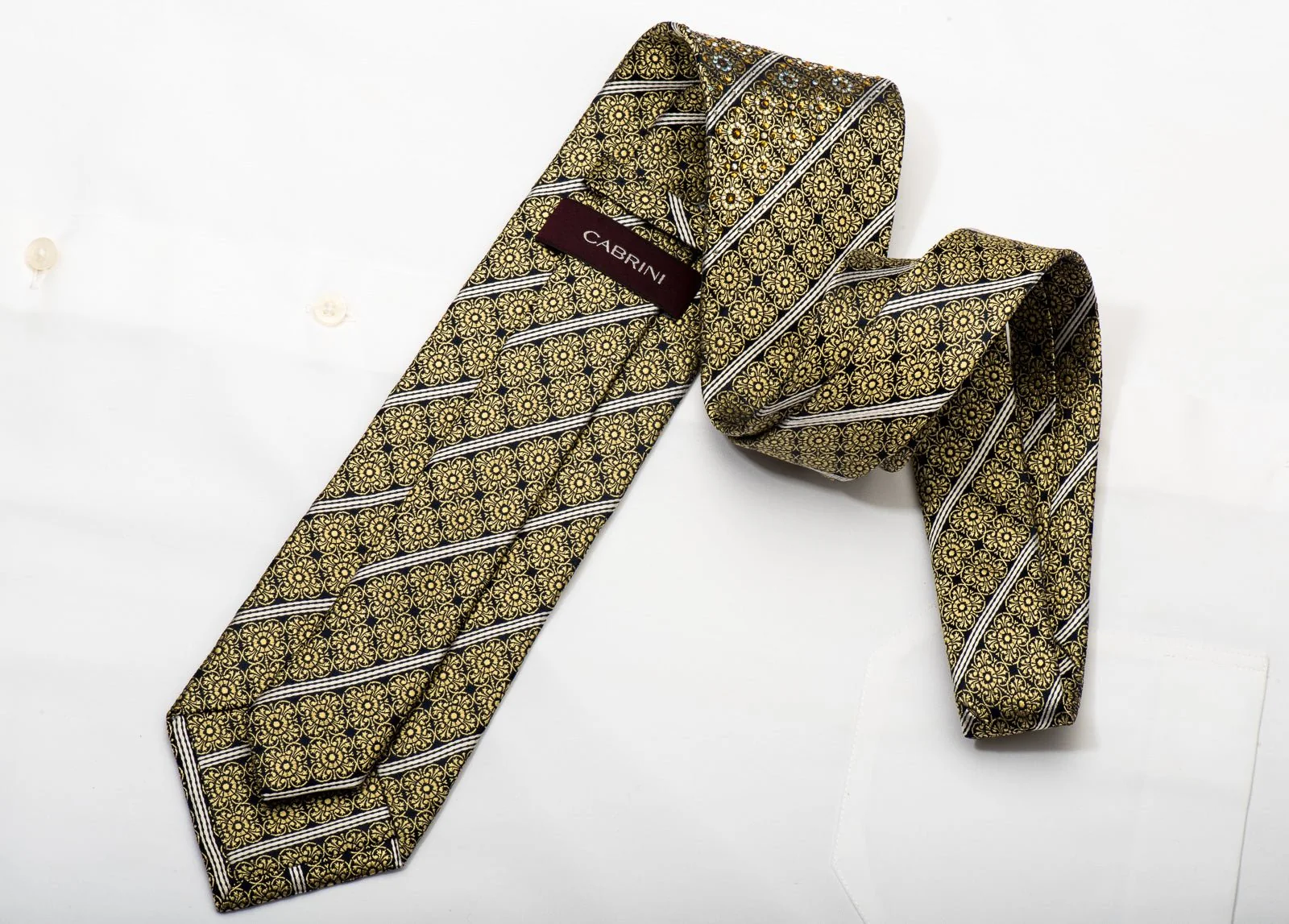 Cabrini Men's Silk Necktie Golden Floral & Striped On Navy Sparkling With Rhinestones - Image 6