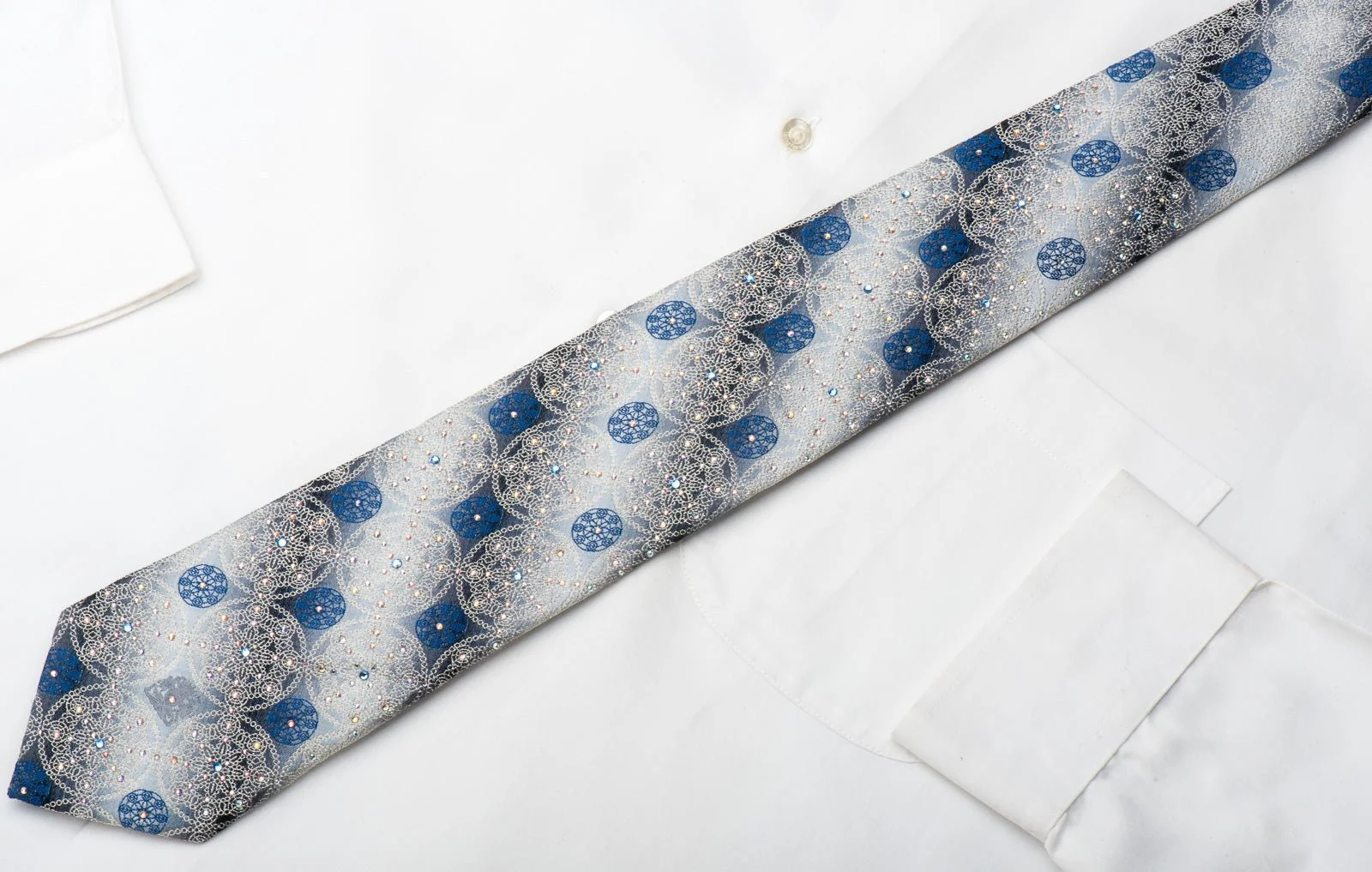 Cabrini Men's Silk Necktie Medallions On Silver Sparkling With Crystal Rhinestones - Image 3