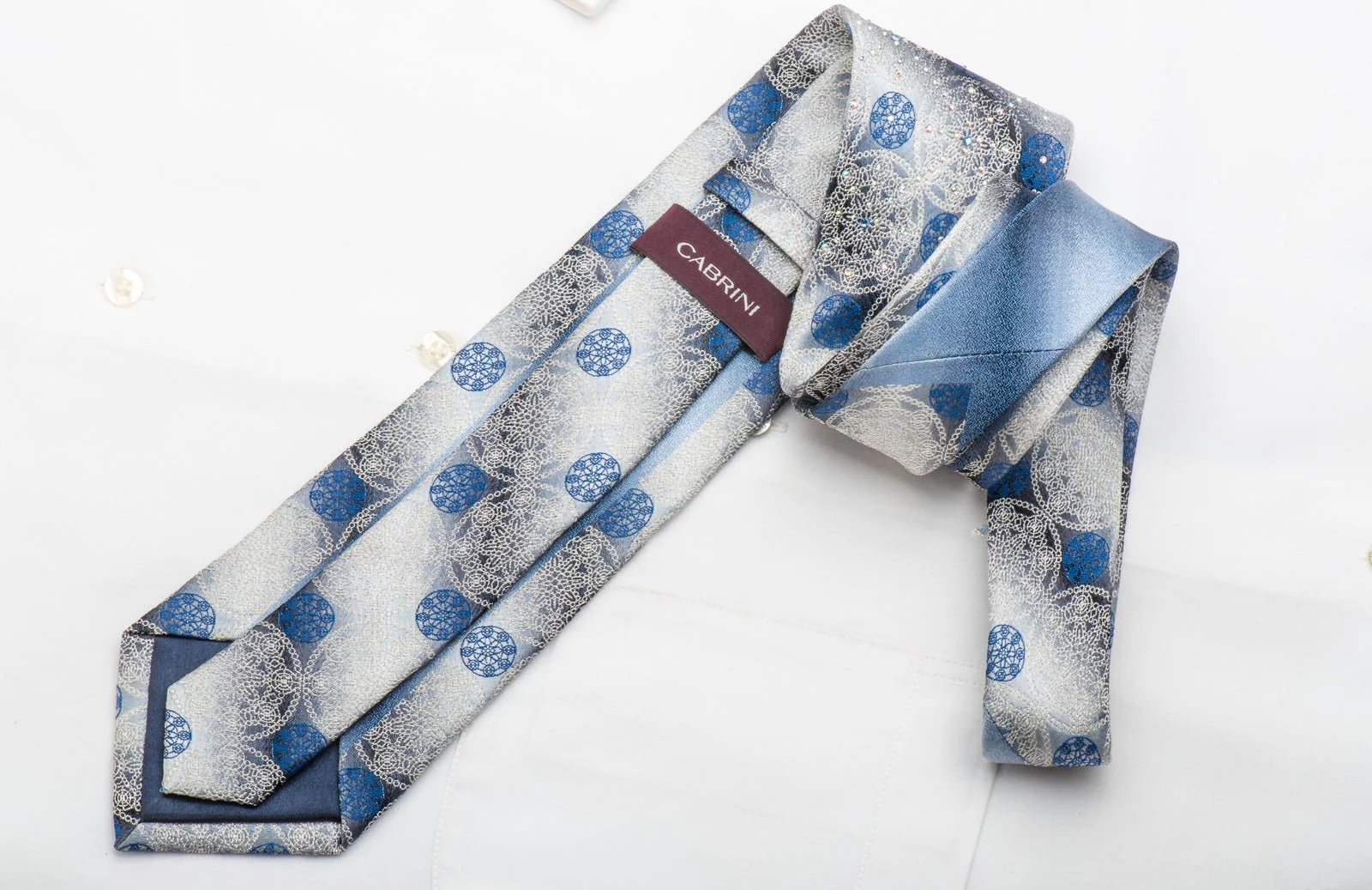 Cabrini Men's Silk Necktie Medallions On Silver Sparkling With Crystal Rhinestones - Image 4