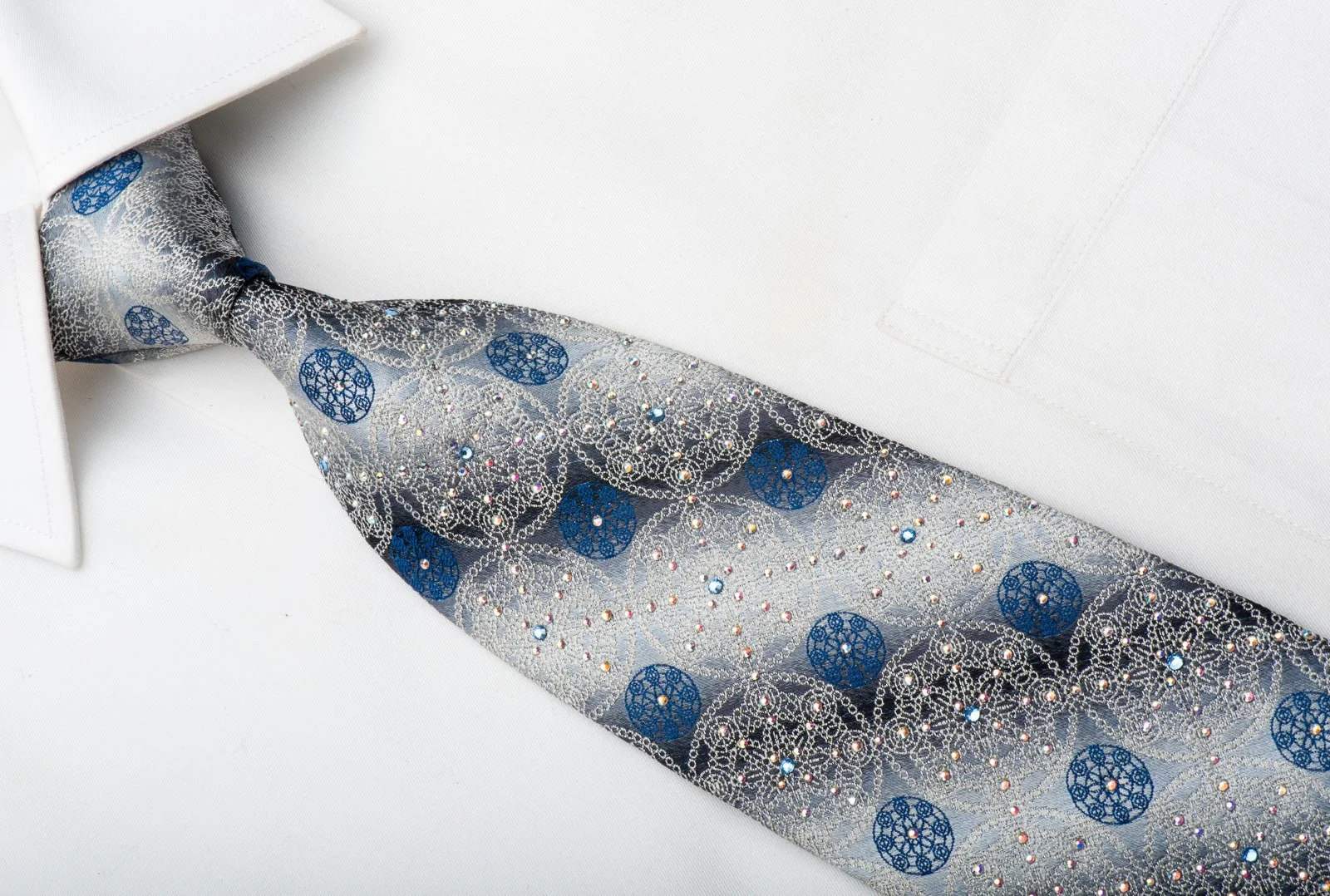 Cabrini Men's Silk Necktie Medallions On Silver Sparkling With Crystal Rhinestones - Image 5