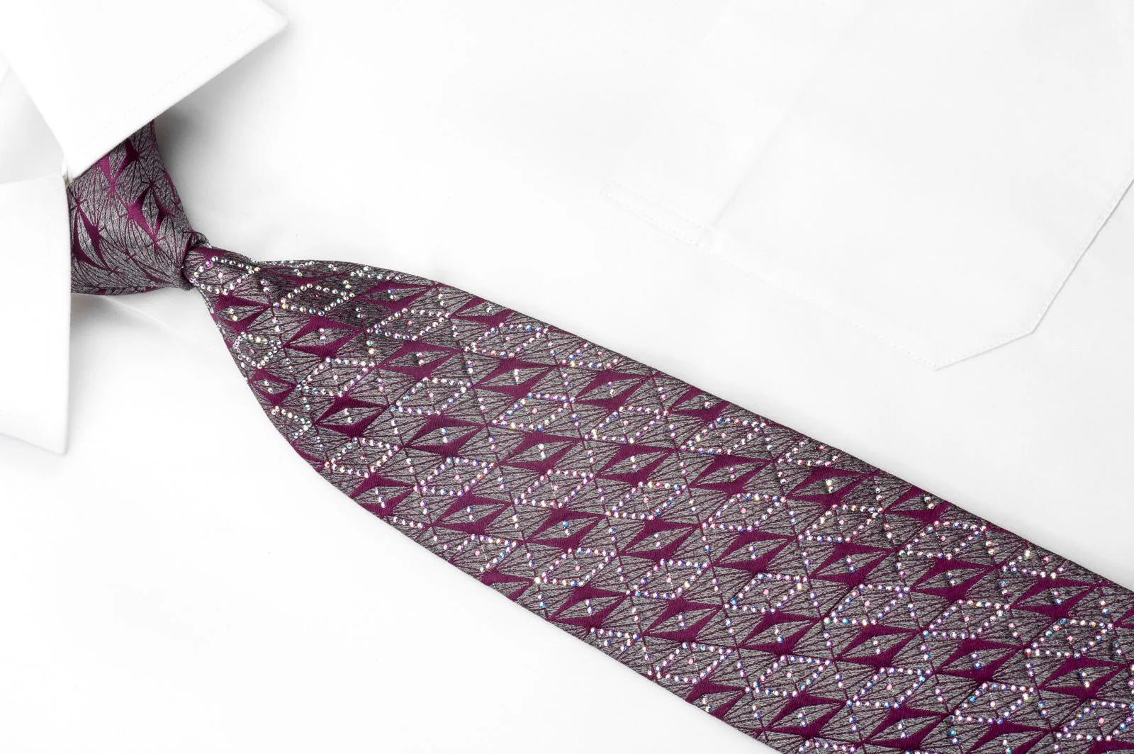 Cabrini Men's Silk Necktie Purple Silver Geometric Sparkling With Crystal Rhinestones - Image 4