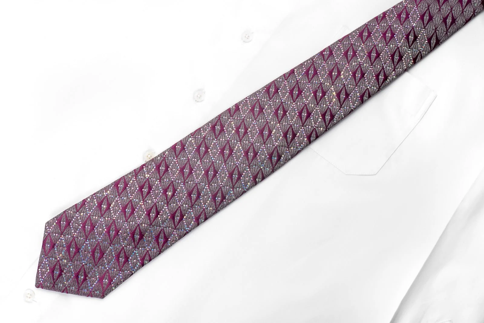 Cabrini Men's Silk Necktie Purple Silver Geometric Sparkling With Crystal Rhinestones - Image 5