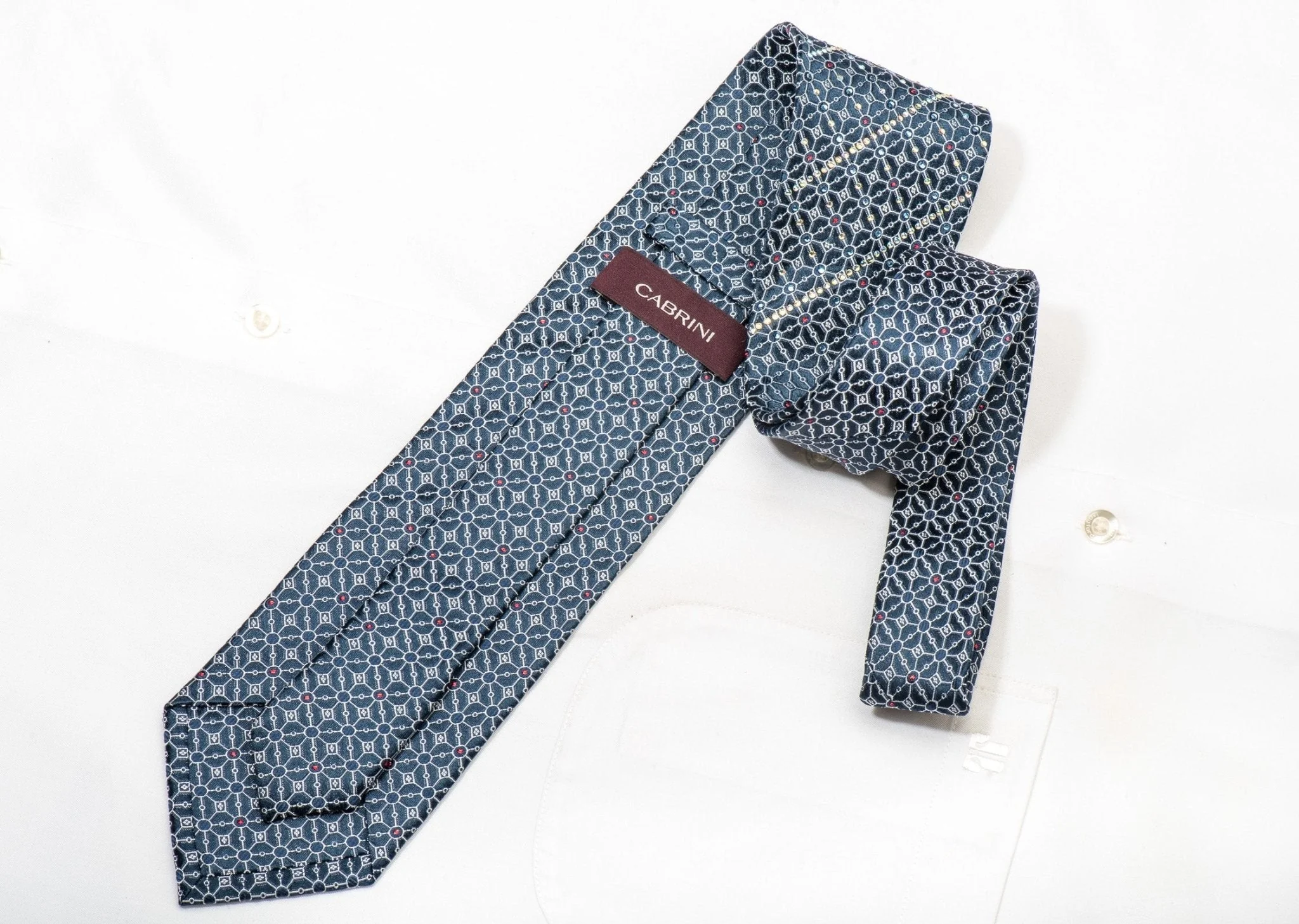 Cabrini Men's Silk Tie Silver Trellis On Blue Sparkling With Rhinestones - Image 3
