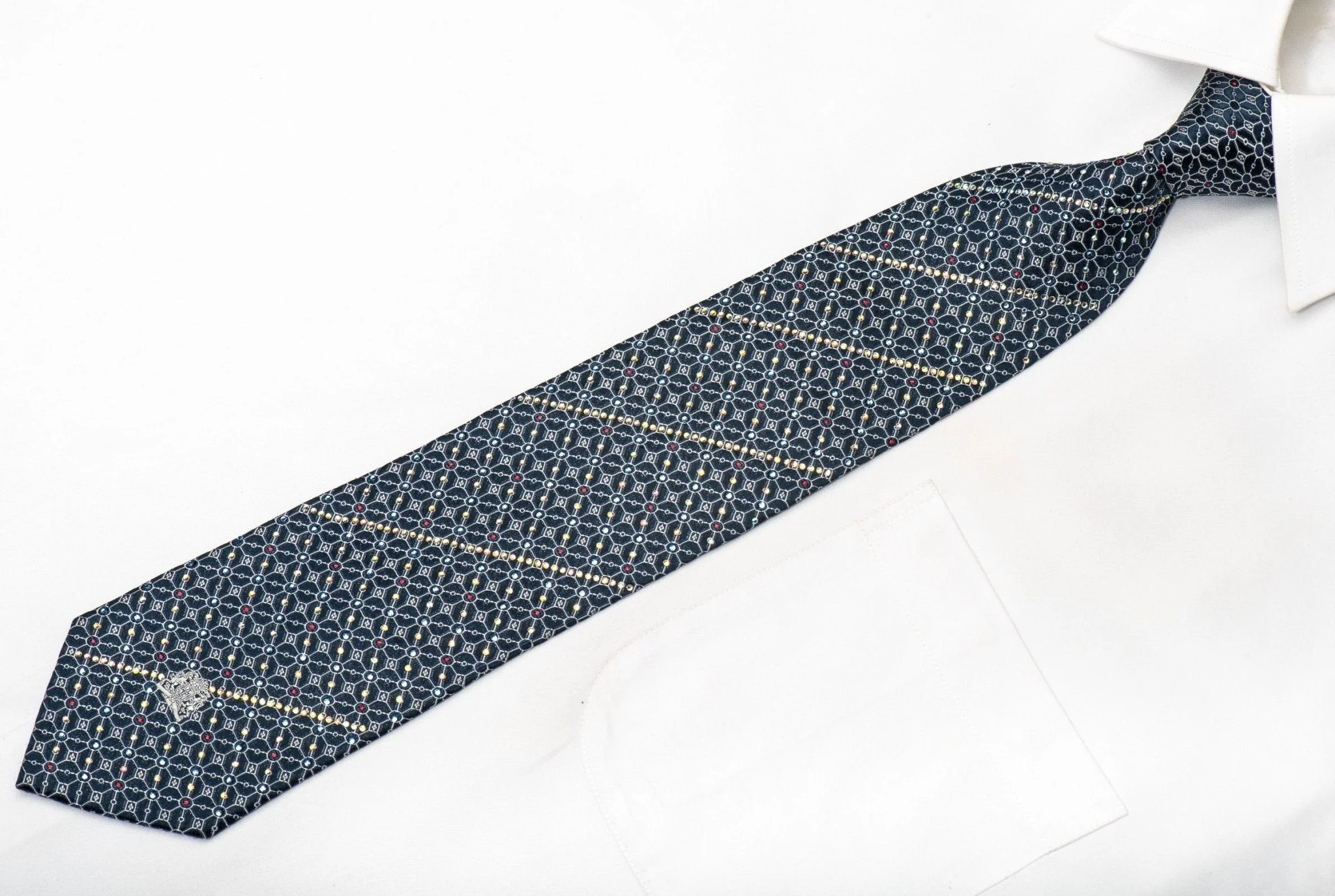 Cabrini Men's Silk Tie Silver Trellis On Blue Sparkling With Rhinestones - Image 4