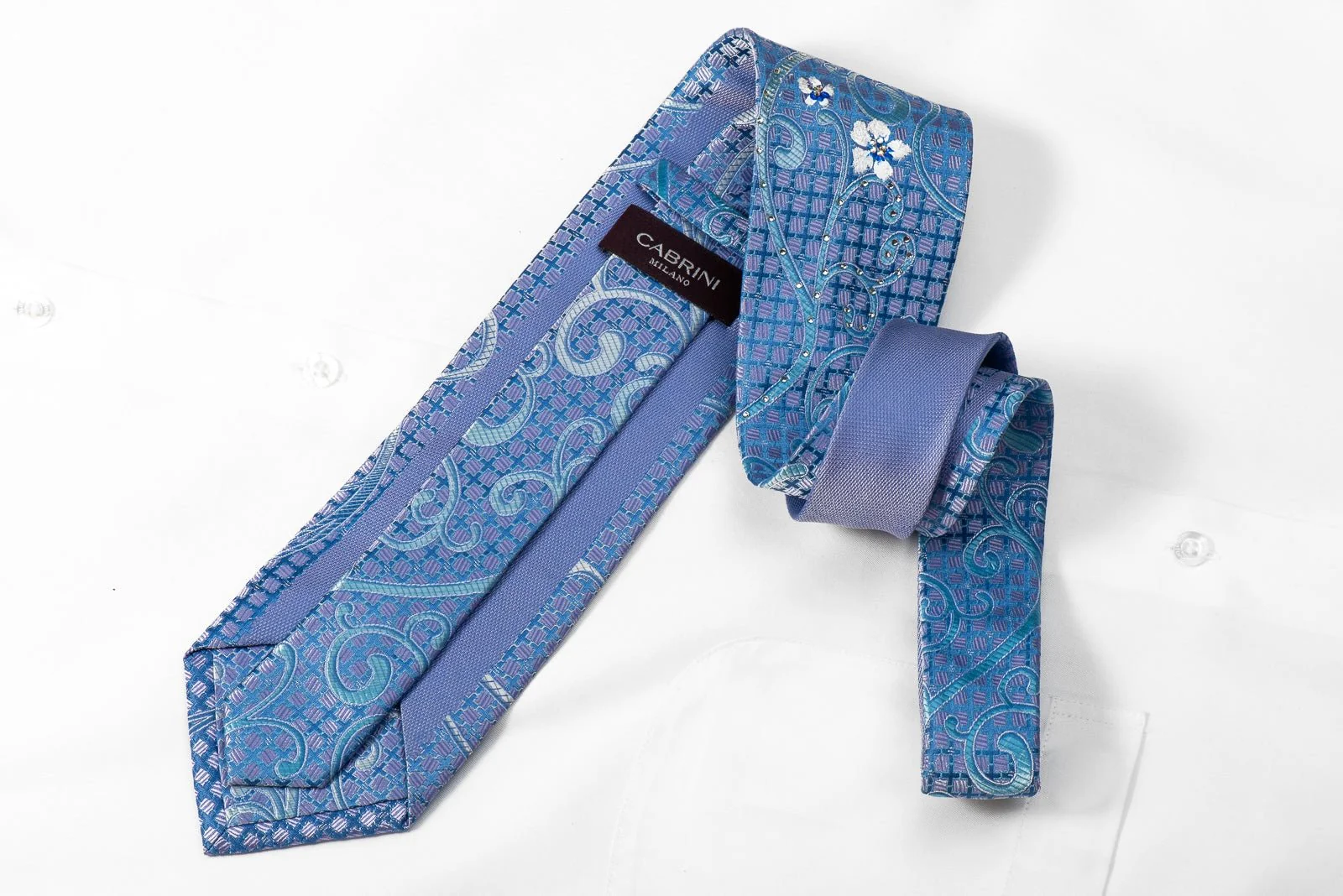 Cabrini Mens Crystal Rhinestone Silk Necktie Floral Scrolls On Blue Mauve With Sparkles - Image 4