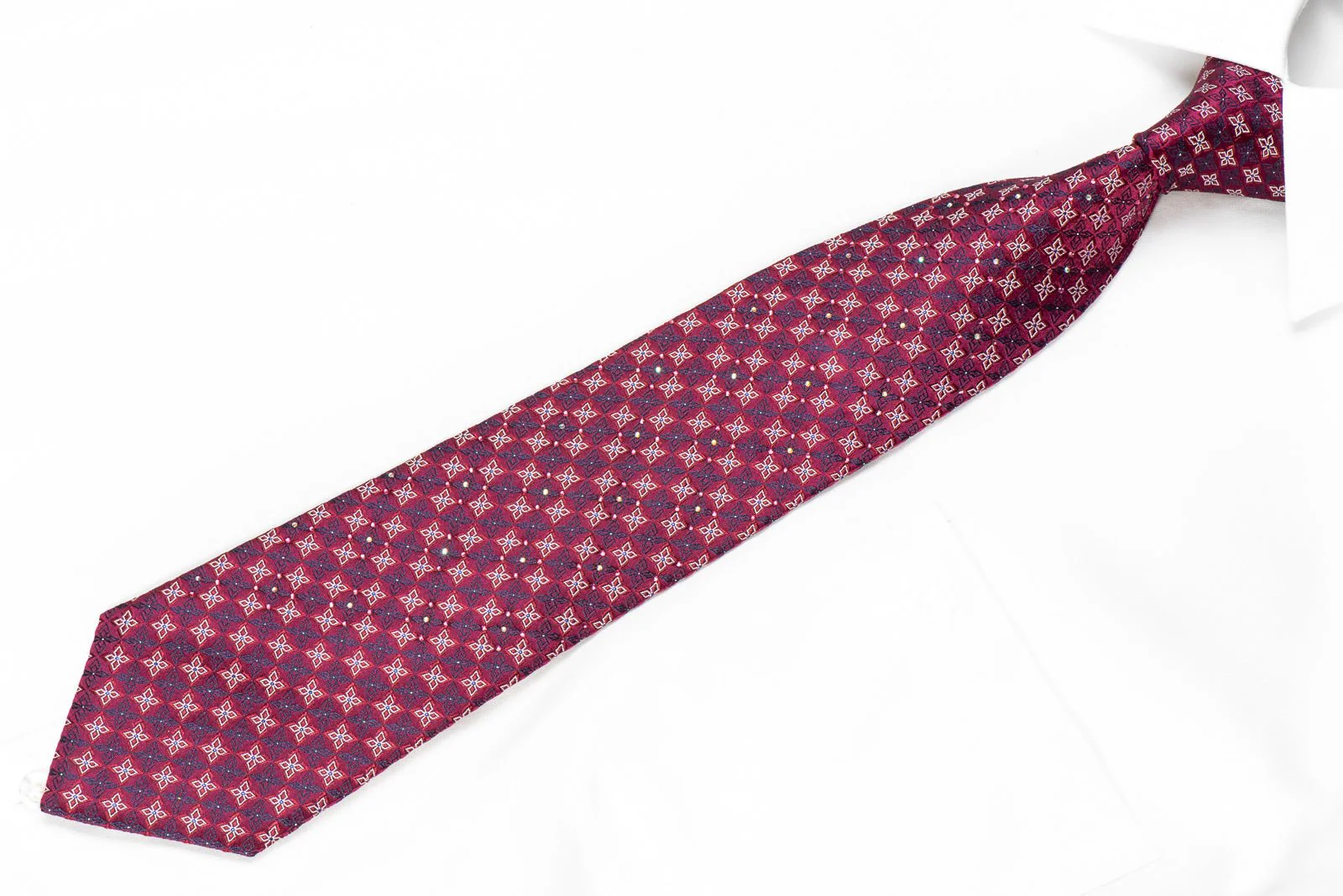 Cabrini Mens Crystal Rhinestone Silk Necktie Geometric On Burgundy With Sparkles - Image 3