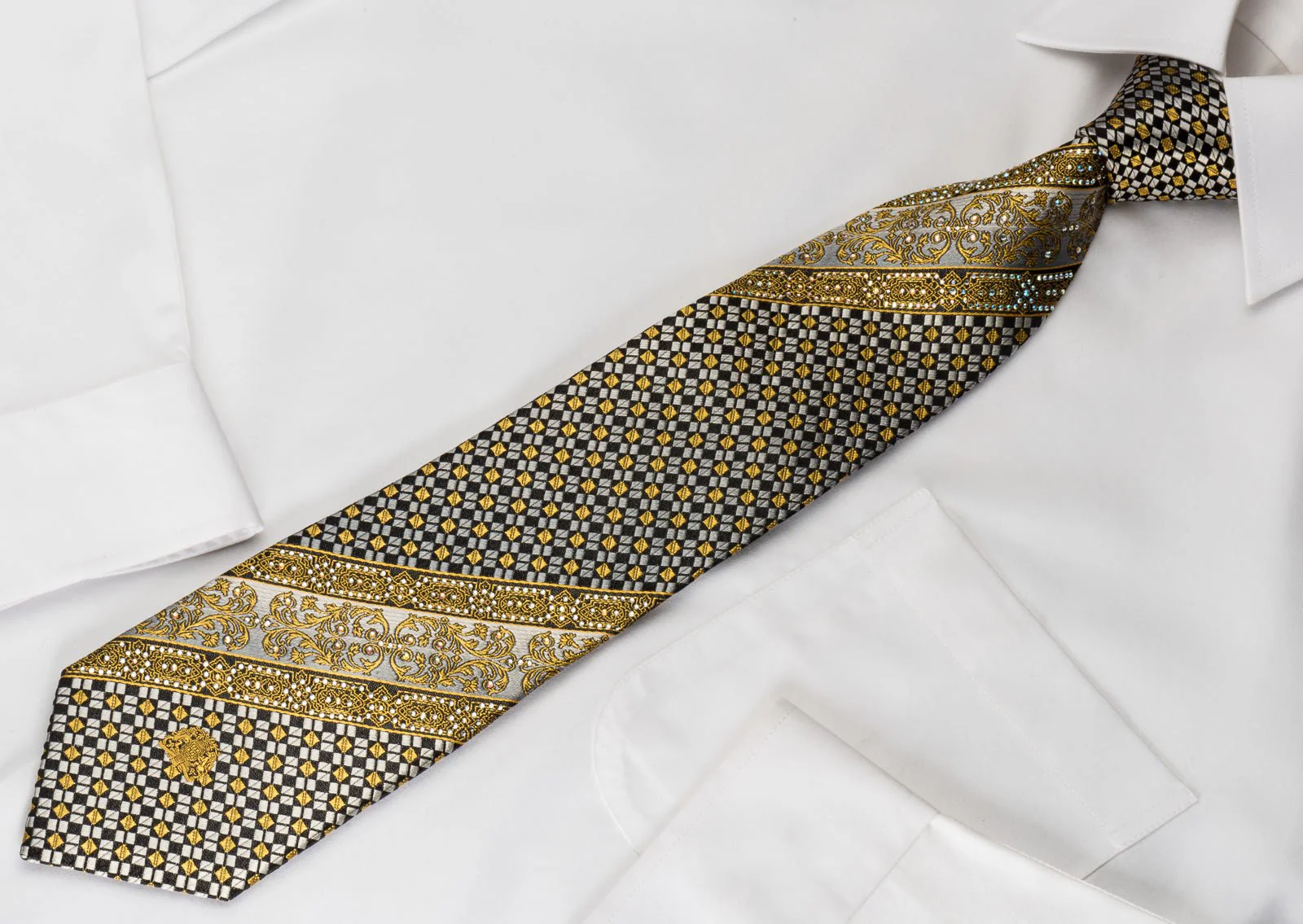 Cabrini Mens Silk Tie Golden Cartouche Checkered On Black With rhinestones - Image 5