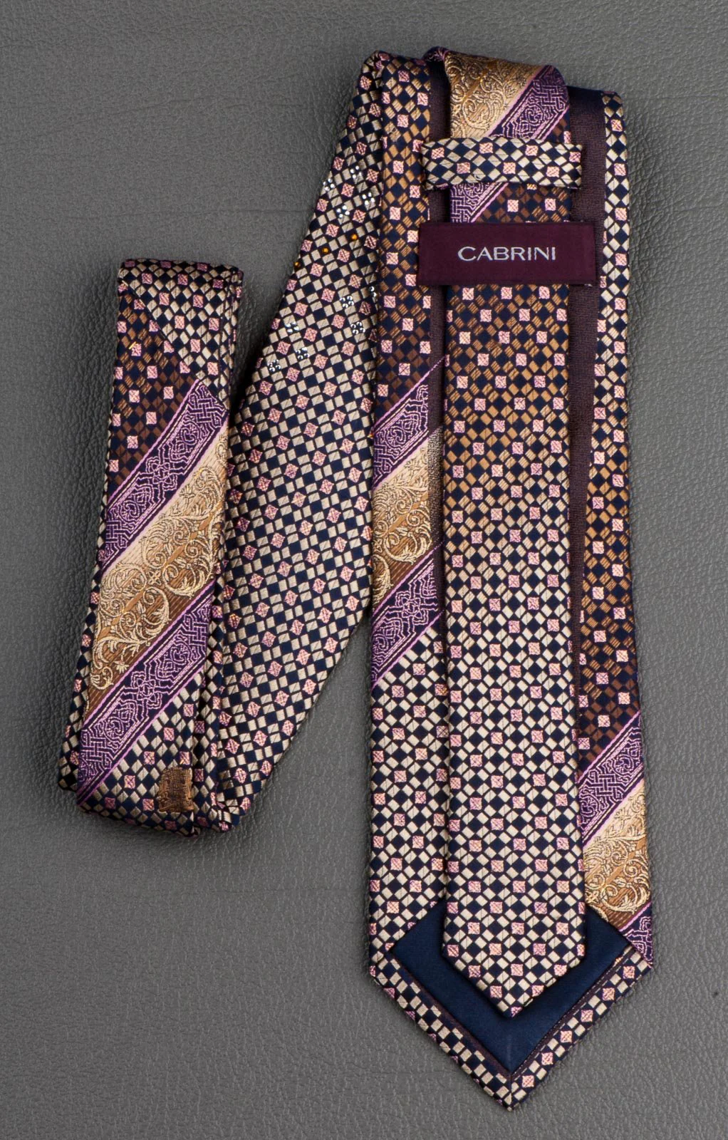 Cabrini Rhinestone Silk Neck Tie Checks & Stripes On Brown With Golden Sparkles - Image 4
