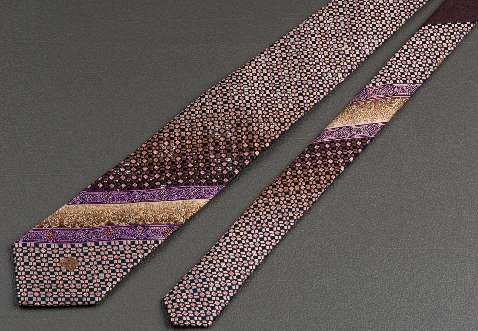 Cabrini Rhinestone Silk Neck Tie Checks & Stripes On Brown With Golden Sparkles - Image 6