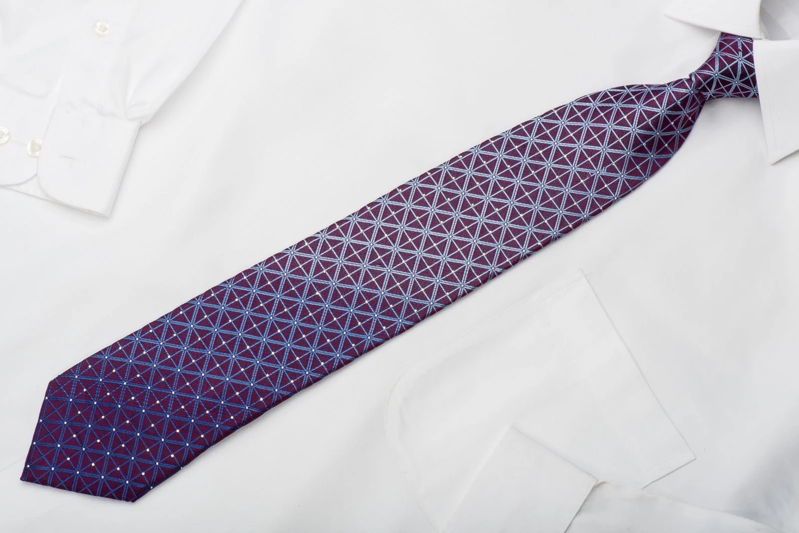 Cabrini Rhinestone Silk Necktie Blue Trellis On Purple With Silver Sparkles - Image 4