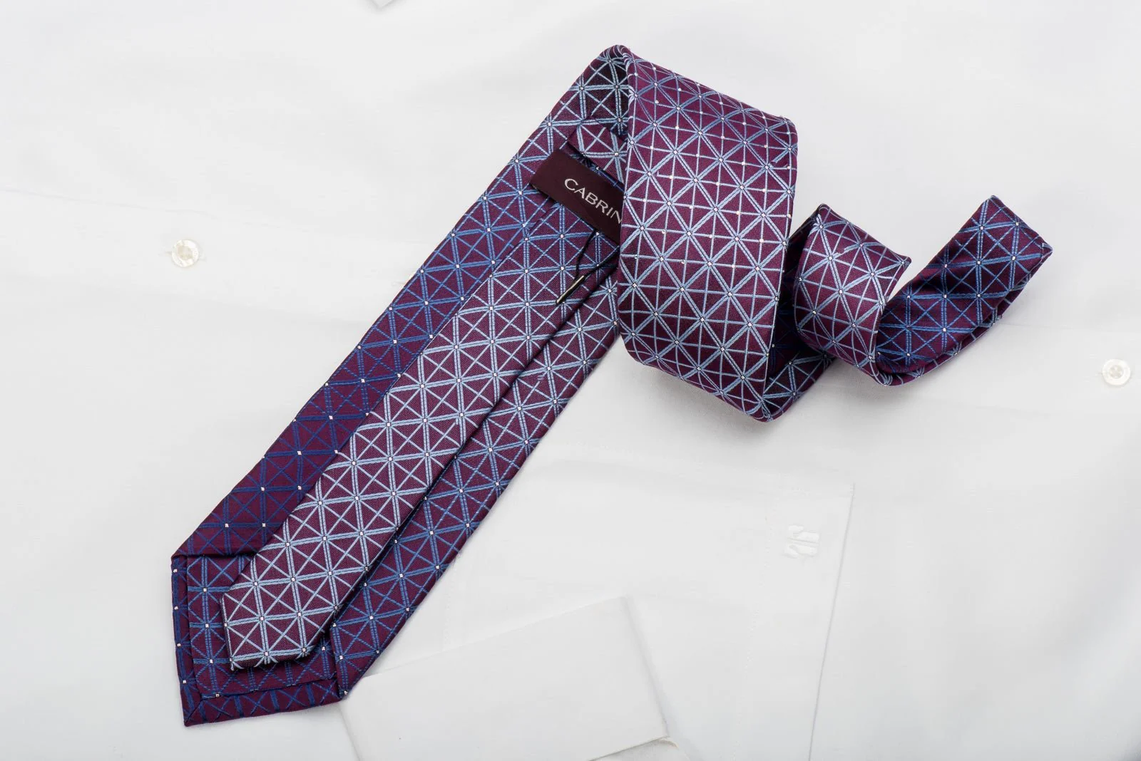 Cabrini Rhinestone Silk Necktie Blue Trellis On Purple With Silver Sparkles - Image 5