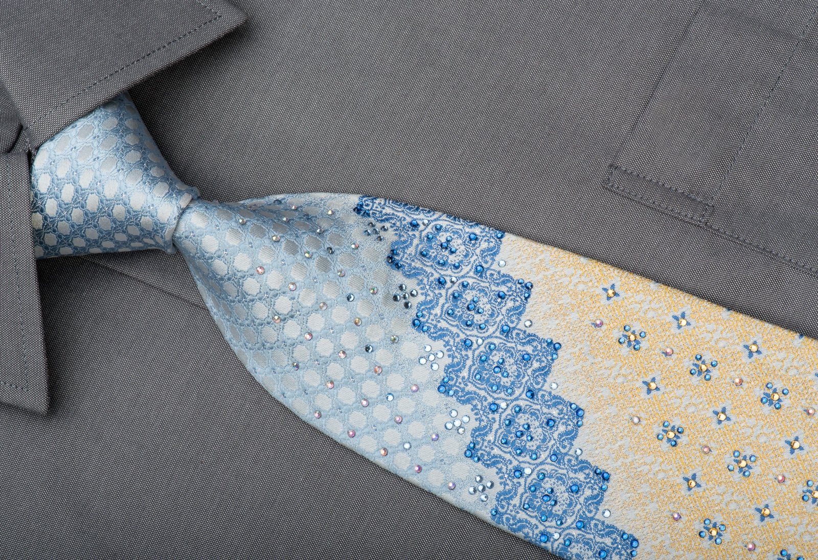 Cabrini Rhinestone Silk Necktie Cartouche On Blue With Silver Sparkles - Image 3