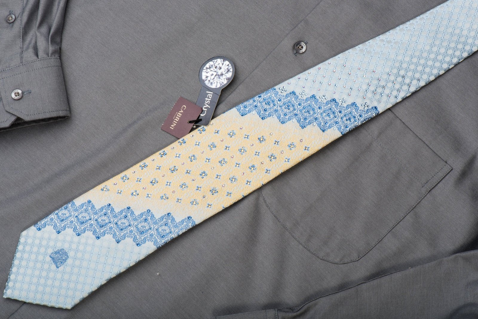Cabrini Rhinestone Silk Necktie Cartouche On Blue With Silver Sparkles - Image 5
