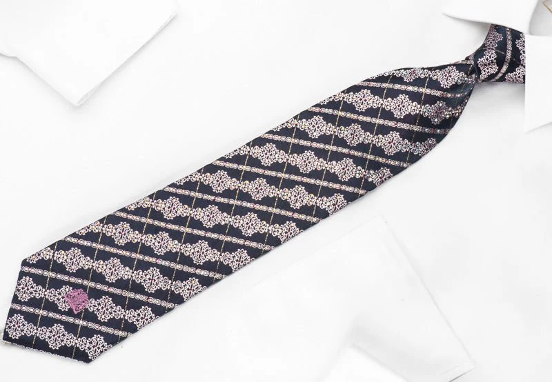 Cabrini Rhinestone Silk Necktie Cartouche Stripes On Navy With Gold Sparkles - Image 5