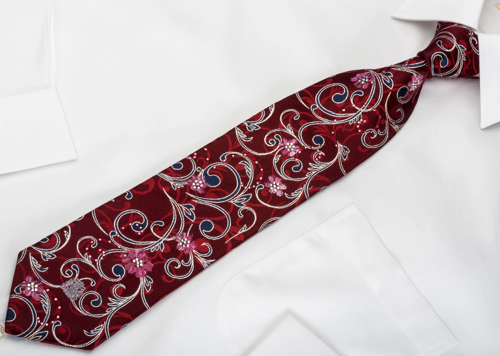 Cabrini Rhinestone Silk Necktie Floral On Burgundy With Silver Sparkles - Image 5
