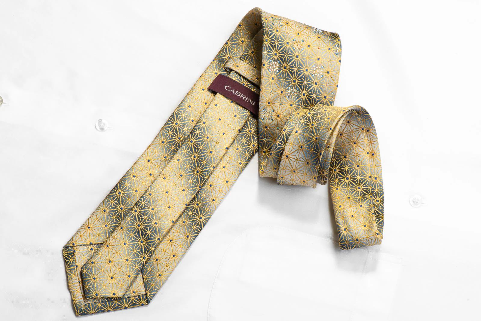 Cabrini Rhinestone Silk Necktie Golden Trellis On Silver With Sparkles - Image 5