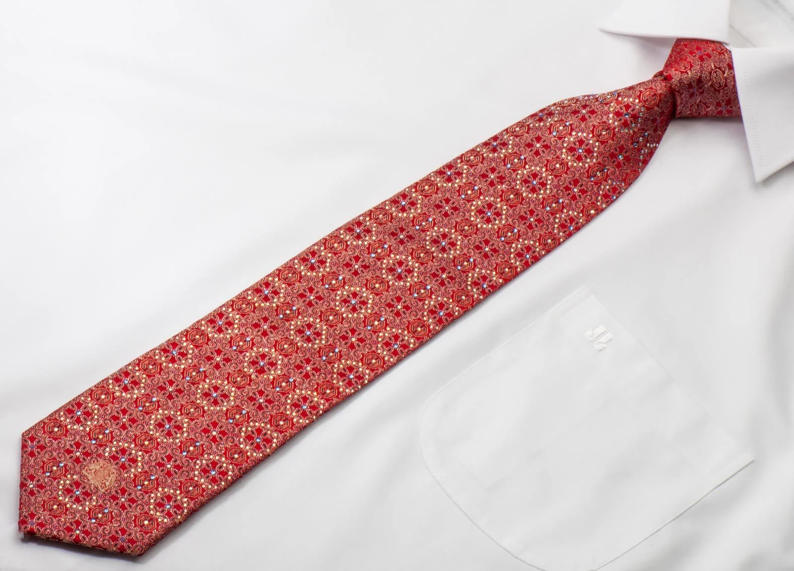 Cabrini Rhinestone Silk Tie Fleur De Lis Motif On Red With Silver Sparkles - Image 4