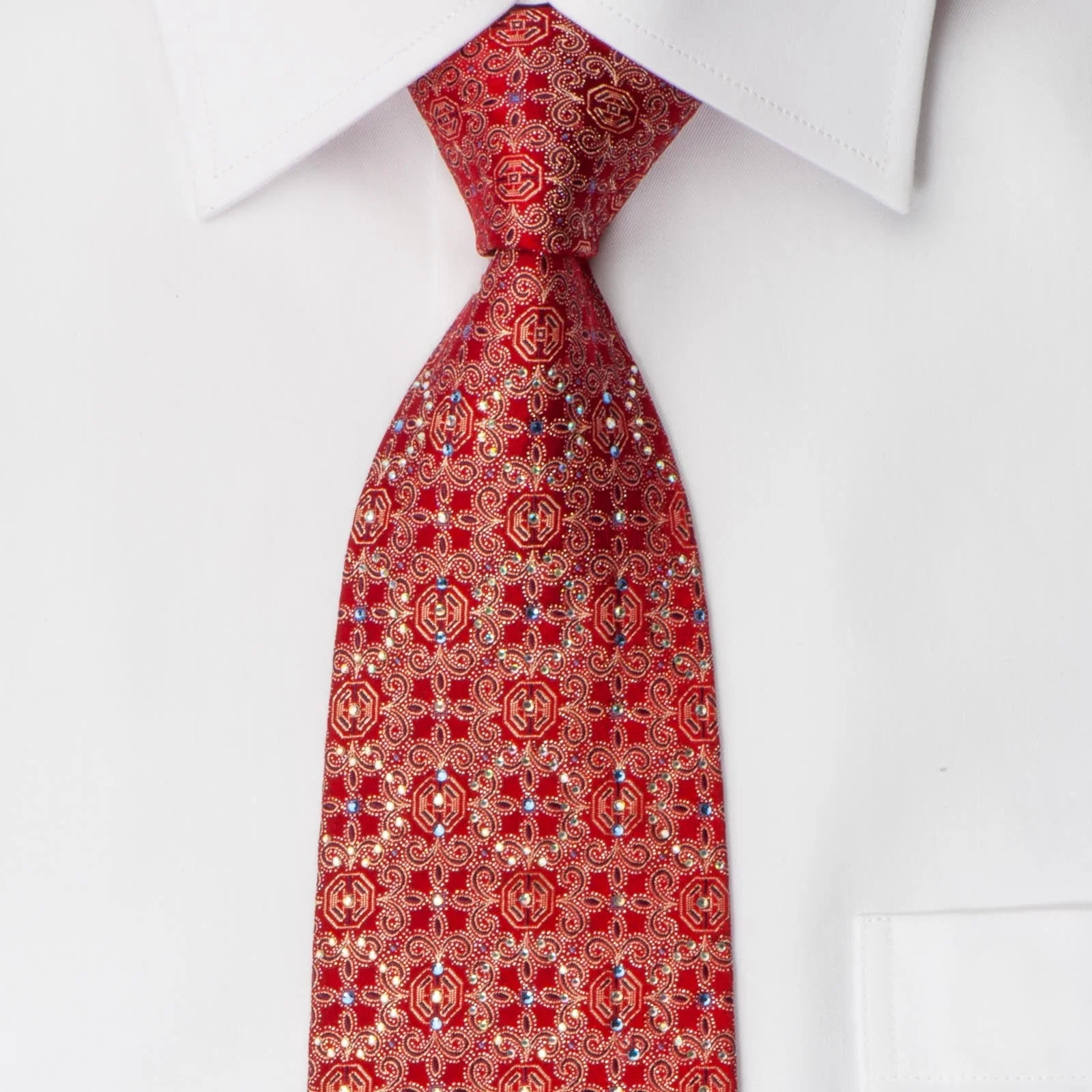 Cabrini Rhinestone Silk Tie Fleur De Lis Motif On Red With Silver Sparkles - Image 5