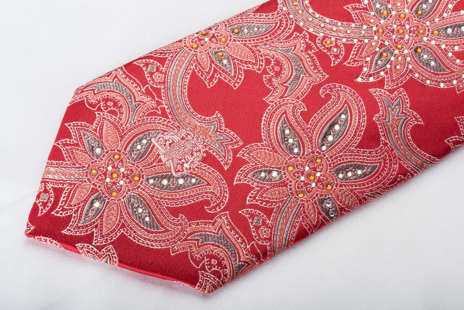 Cabrini Silk Necktie Anthemion On Red Sparkling With Crystal Rhinestones - Image 3