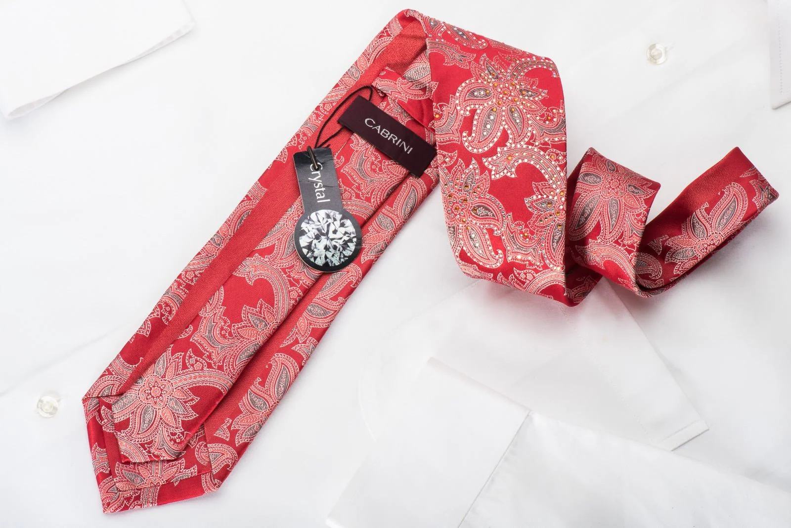 Cabrini Silk Necktie Anthemion On Red Sparkling With Crystal Rhinestones - Image 5