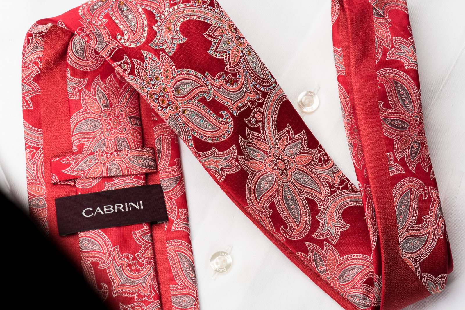 Cabrini Silk Necktie Floral On Red With Sparkling Rhinestones - Image 3