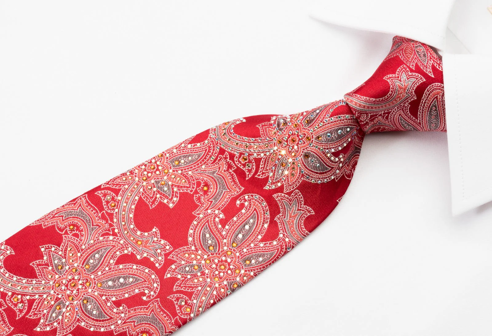 Cabrini Silk Necktie Floral On Red With Sparkling Rhinestones - Image 6
