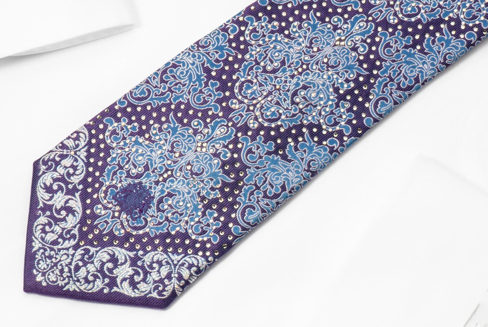 Cabrini Silk Necktie Silver & Blue Damask On Purple With Clear White Rhinestones - Image 5