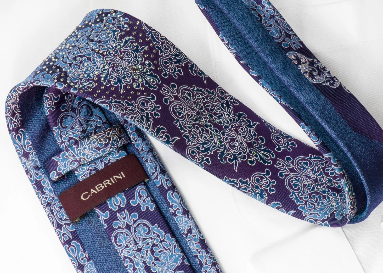 Cabrini Silk Necktie Silver & Blue Damask On Purple With Clear White Rhinestones - Image 7