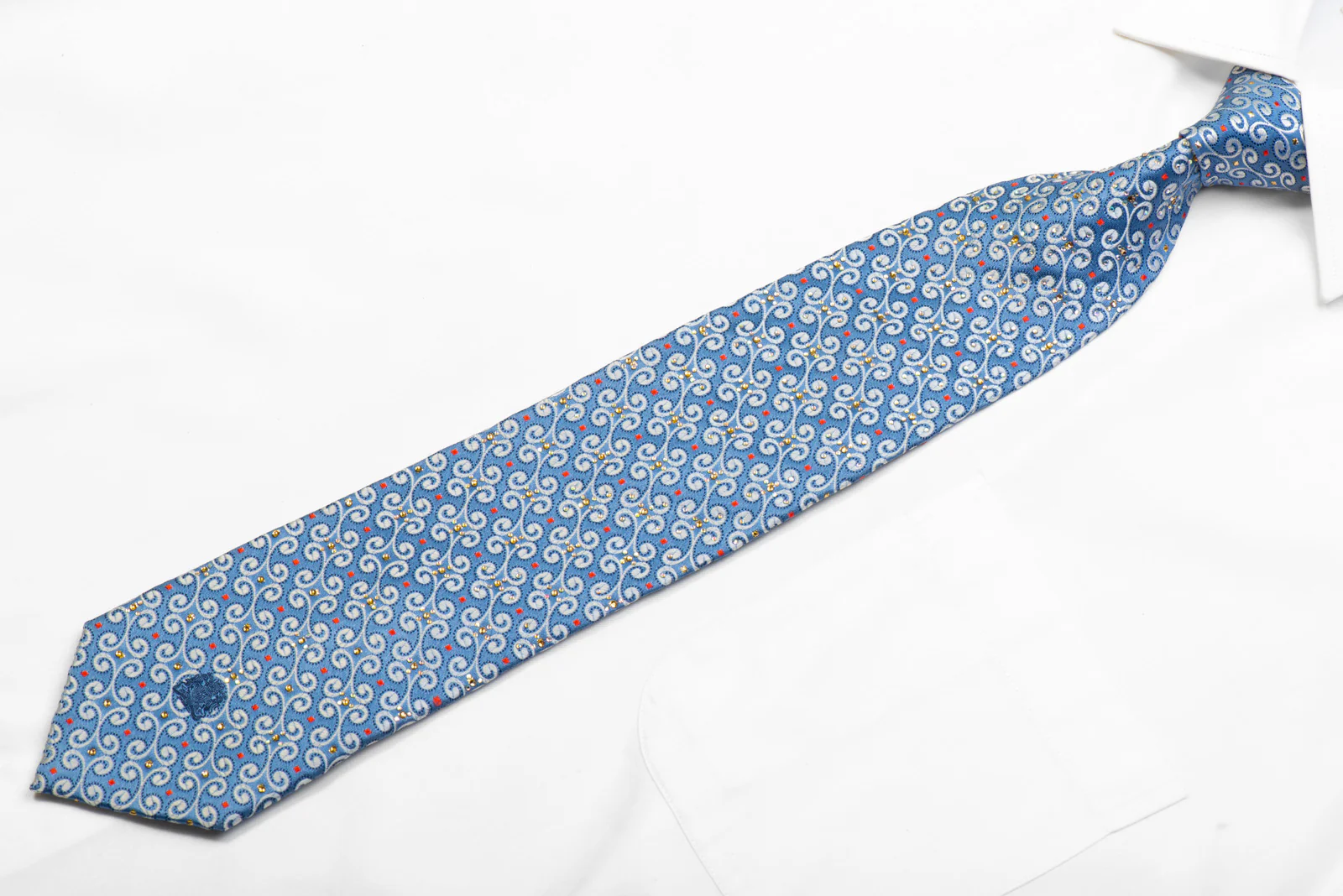 Cabrini Silk Necktie Silver Scrolls On Blue With Rhinestones - Image 3