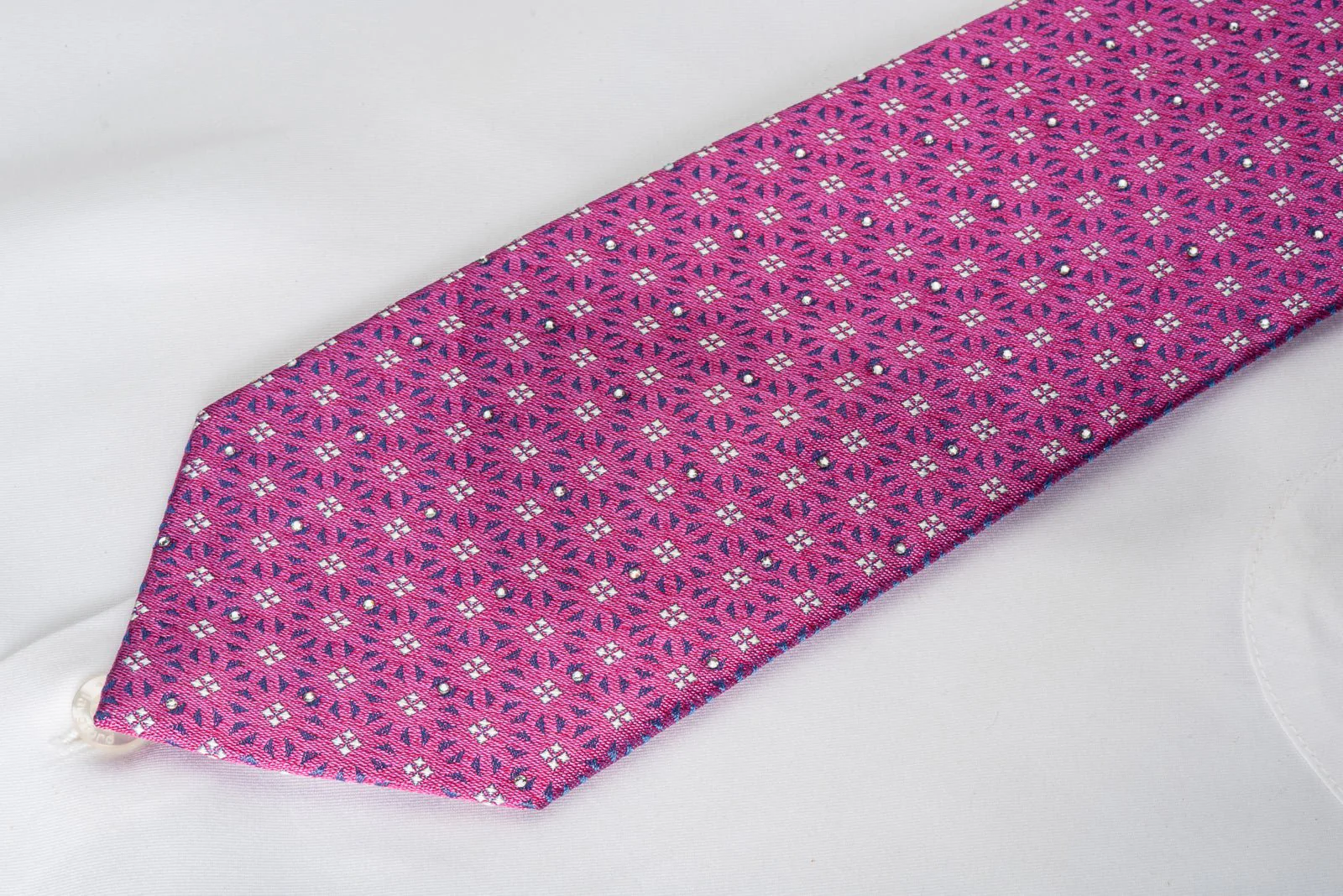 Cabrini Silk Necktie Silver Squares On Pink With Rhinestones - Image 3