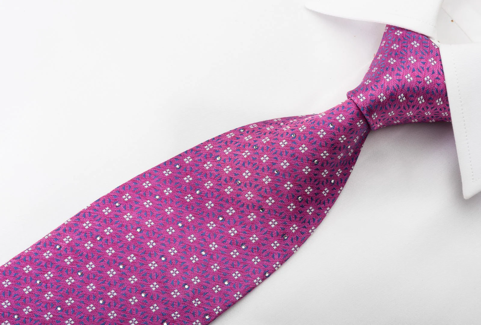Cabrini Silk Necktie Silver Squares On Pink With Rhinestones - Image 4