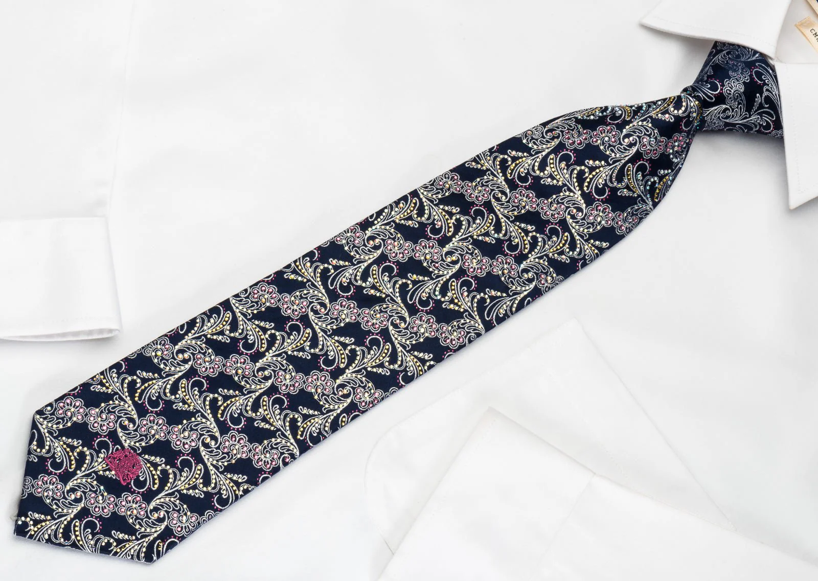Silver Acanthus Scrolls On Navy Rhinestone Tie With Purple Sparkles - Image 3