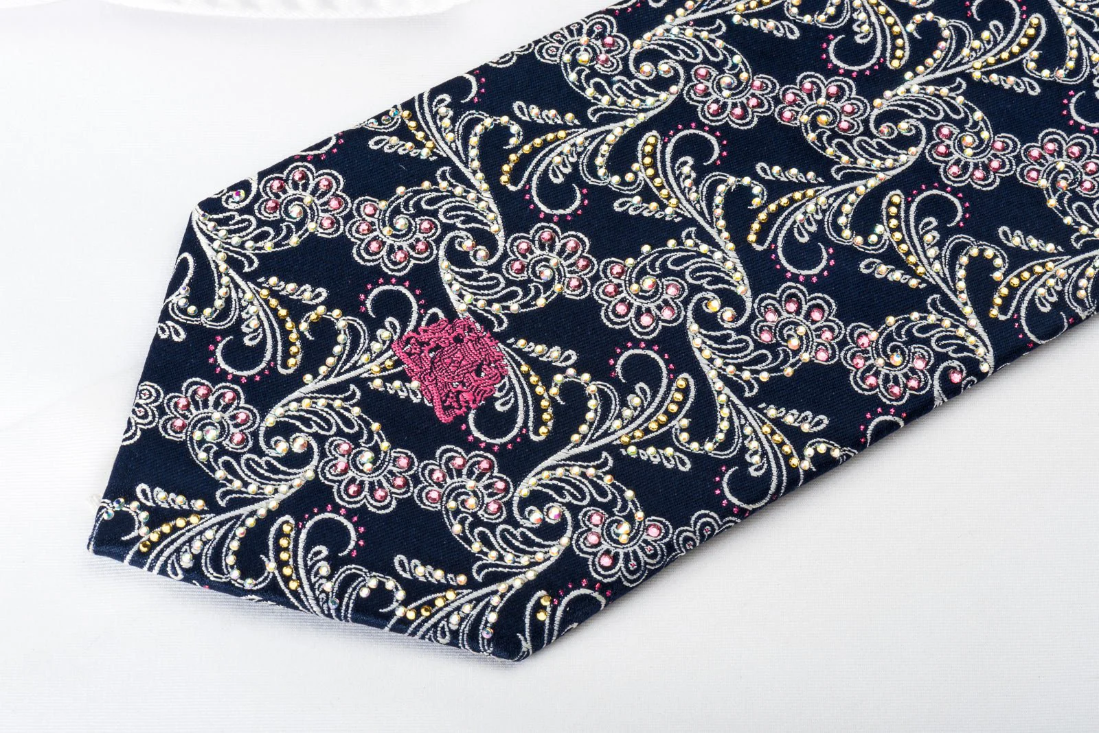 Silver Acanthus Scrolls On Navy Rhinestone Tie With Purple Sparkles - Image 4