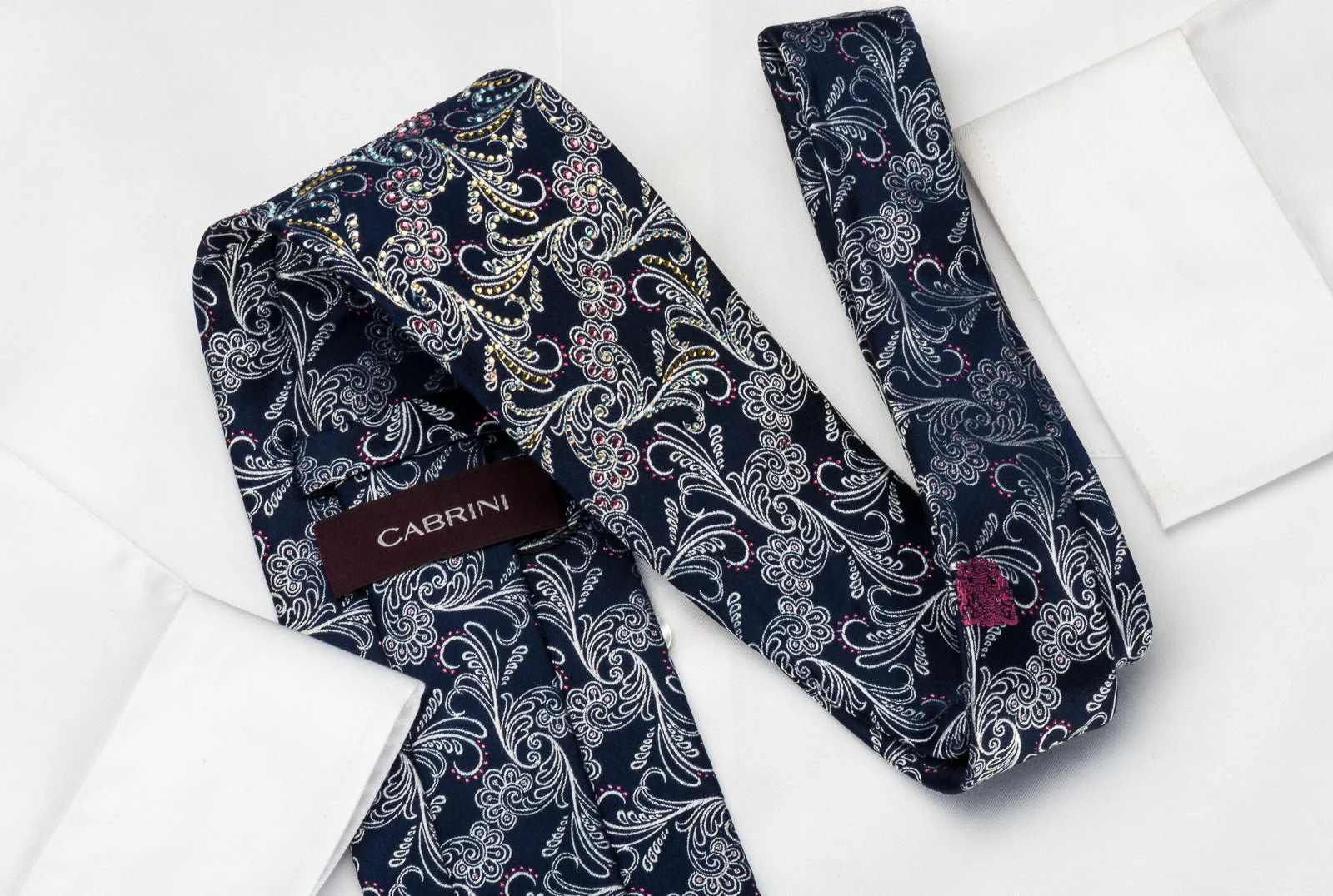 Silver Acanthus Scrolls On Navy Rhinestone Tie With Purple Sparkles - Image 6