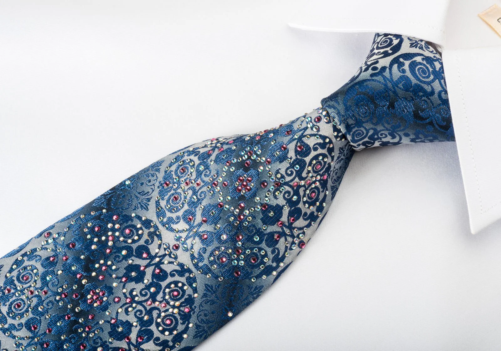 Cabrini Silk Tie Gorgeous Cartouche Damask On Blue With Rhinestones - Image 4