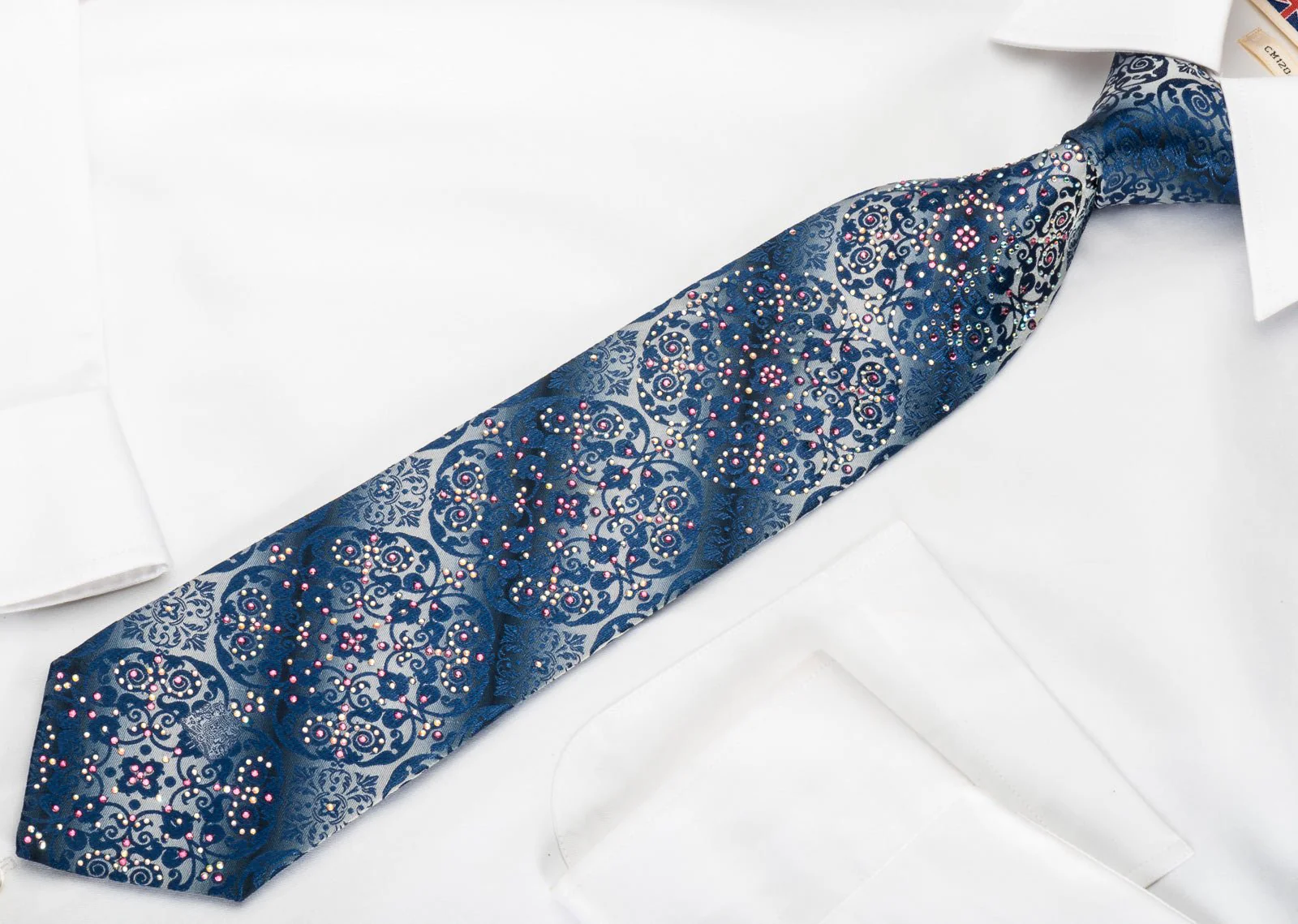 Cabrini Silk Tie Gorgeous Cartouche Damask On Blue With Rhinestones - Image 7