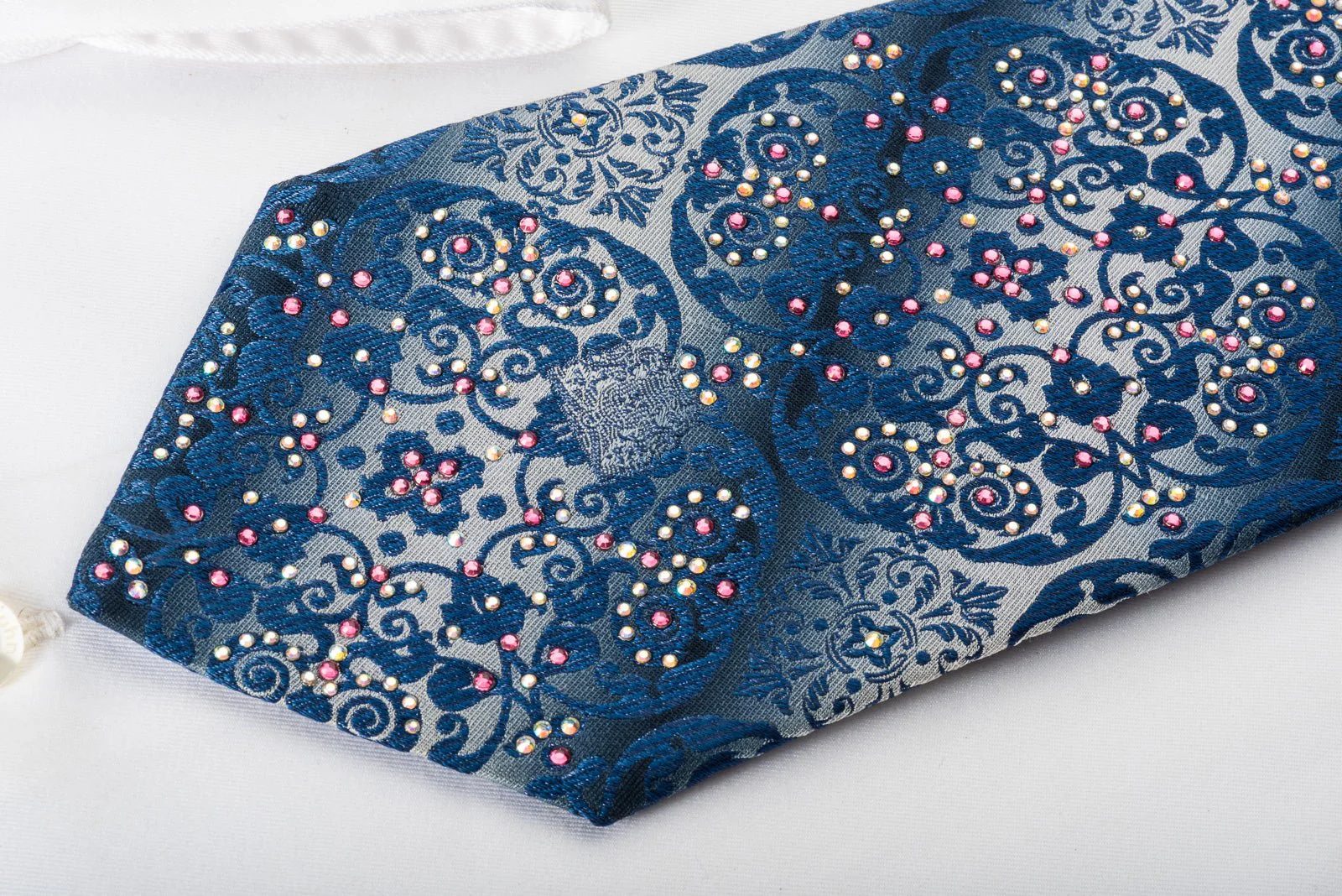 Cabrini Silk Tie Gorgeous Cartouche Damask On Blue With Rhinestones - Image 8